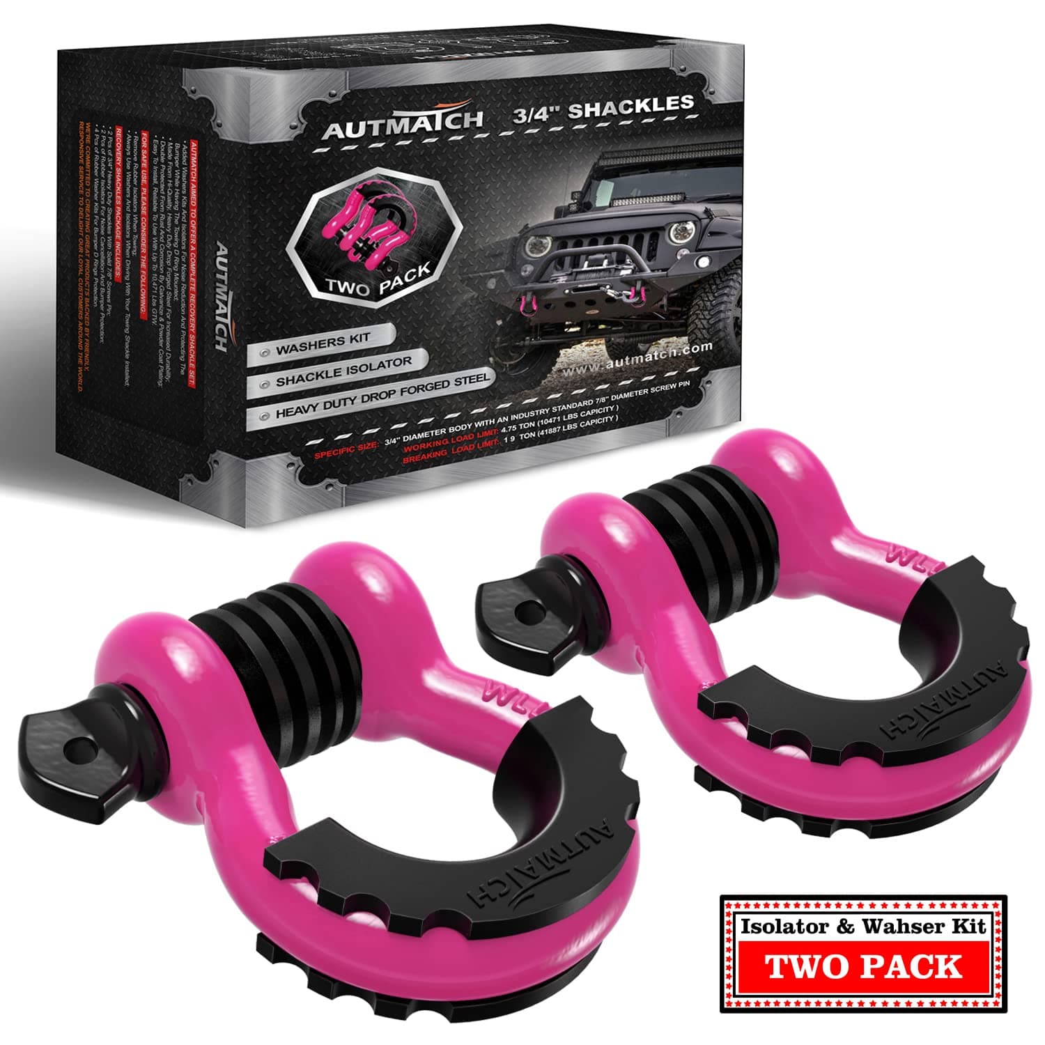 AUTMATCH D Ring Shackle 3/4" Shackles (2 Pack) 41,887Ibs Break Strength, Clevis Shackle with 7/8" Screw Pin and Shackle Isolator Washers Kit for Tow Strap Winch Off Road Vehicle Recovery, Pink