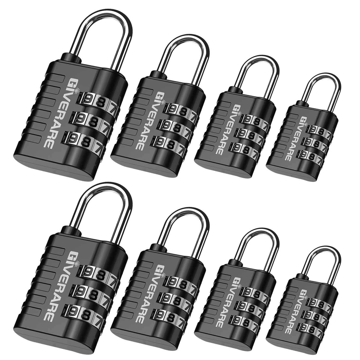 GIVERARE 8 Pack Combination Lock, 3-Digit Padlock Keyless, Resettable Luggage Locks for Backpack, Gym & School & Employee Locker, Weatherproof Travel Lock for Fence, Backyard Gate, Hasp, Case-Black