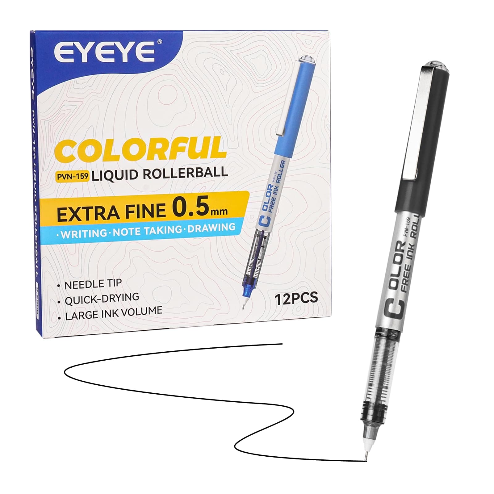 EYEYE Black Rollerball Pens 0.5mm Needle Tip, 12 Pack Extra Fine Point Roller Ball Pen Quick Dry, Liquid Ink Pens Fine Point Smooth Writing Pen for Journaling, Note Taking, School, Office Supplies