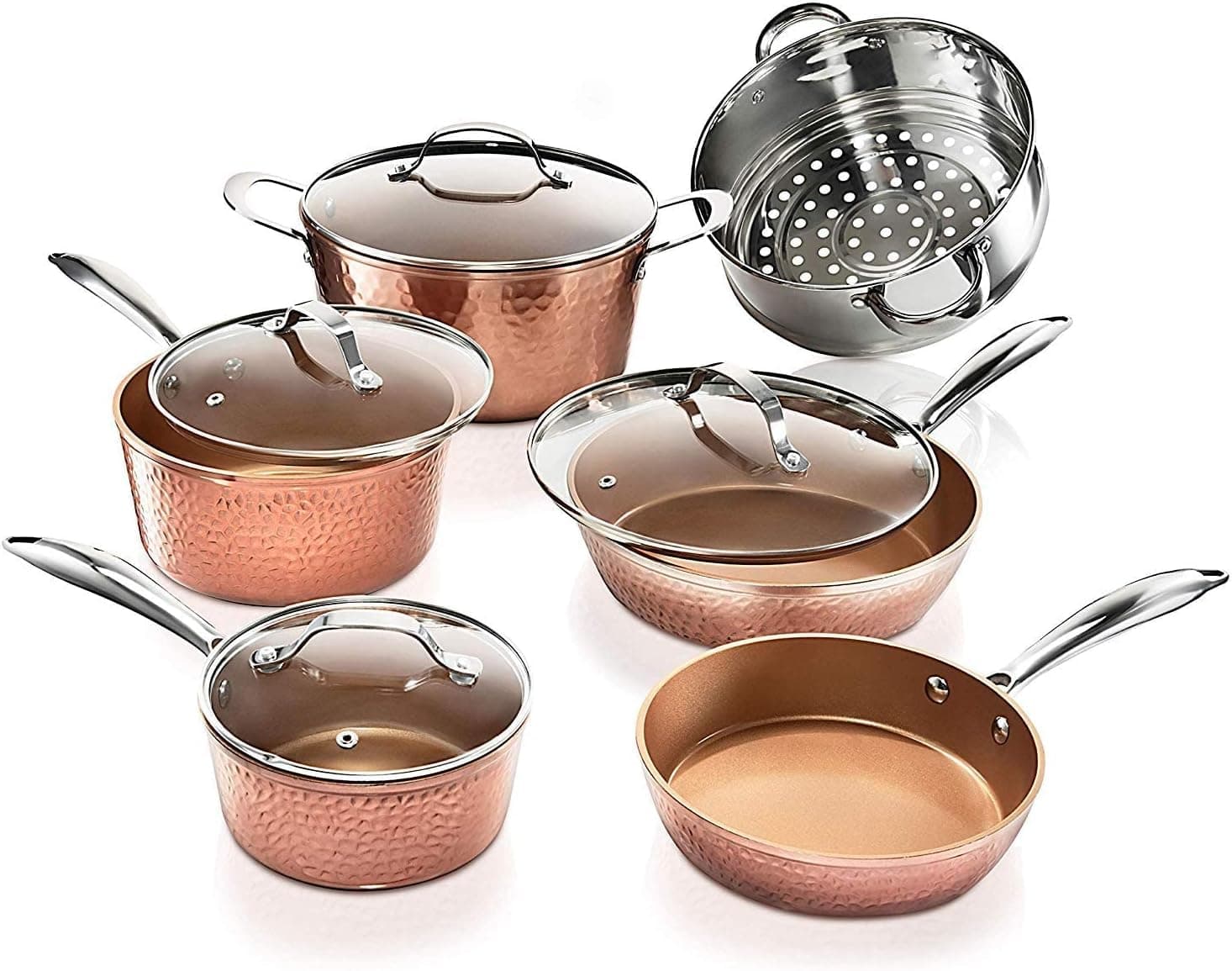 Pots and Pans Set Nonstick Cookware Set – Premium Ceramic Cookware Set with 3x Coated Nonstick Surface + Induction Plate for Even Heating, Oven/Dishwasher Safe, 10 Piece - Hammered Copper