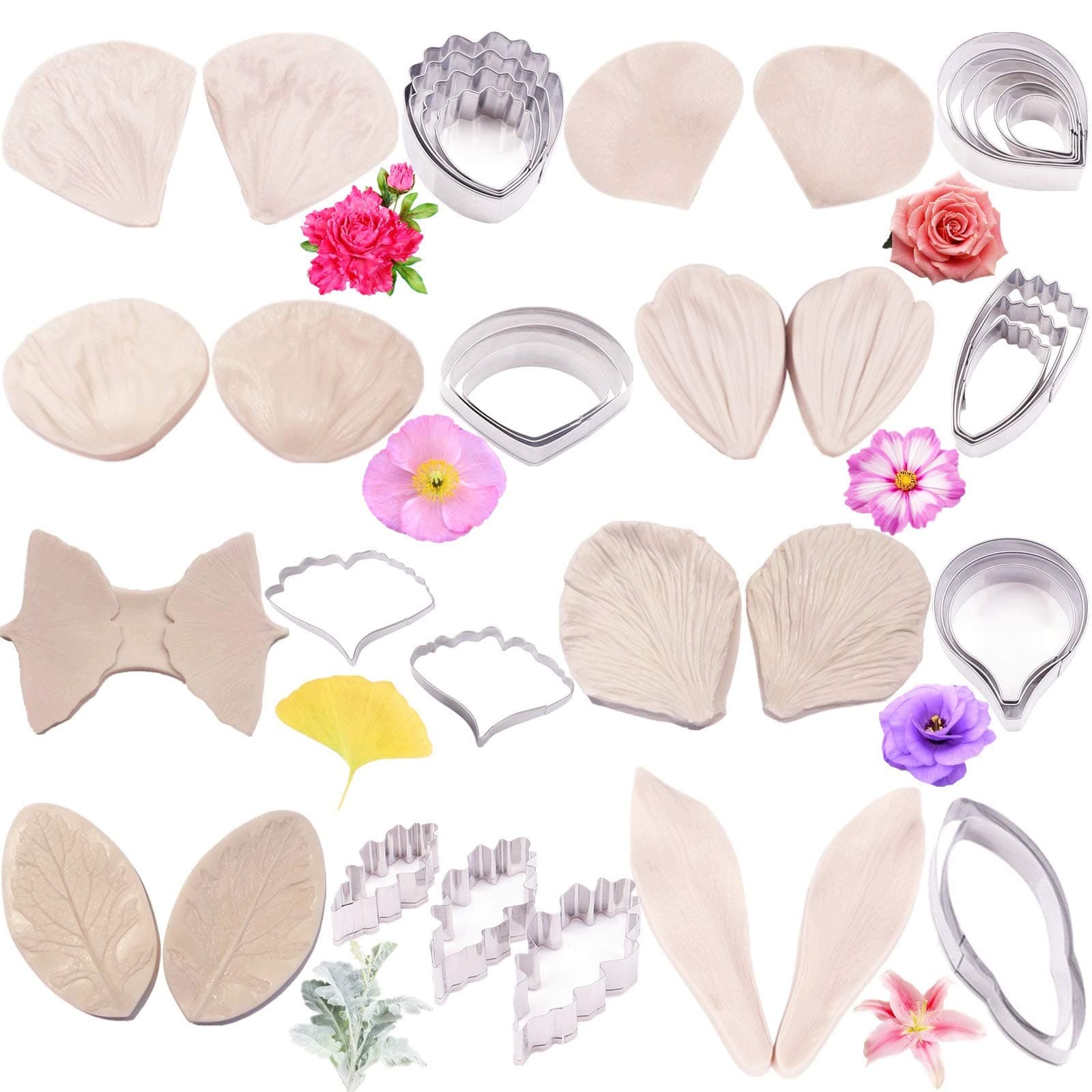 16set Gum Paste Flower Tools Kit- 8set Flower Silicone Mold and 8set Stainless Steel Fondnat Cutter Gumpaste Cookie Cutter Sugarcraft Making tools for Wedding,Birthday Cake Decorating