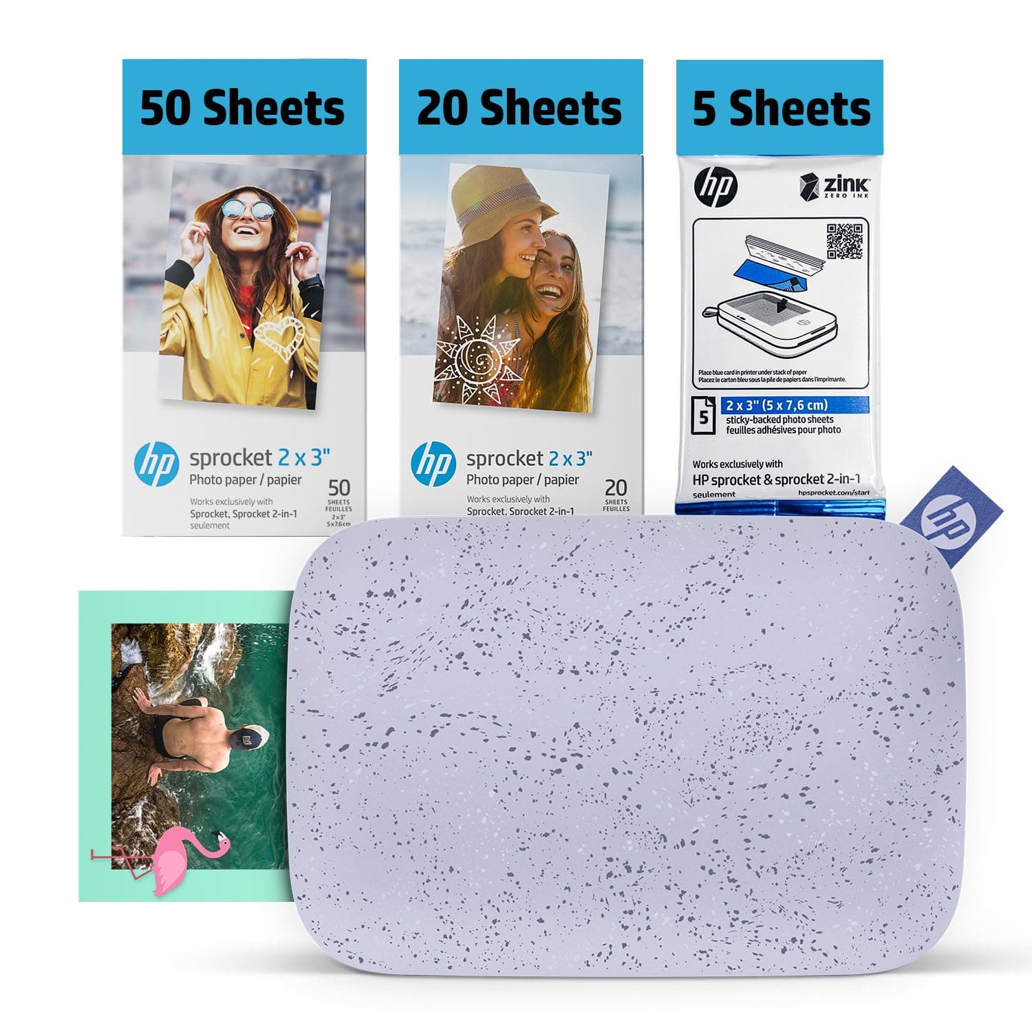 HP Sprocket 2x3 Instant Smartphone Photo Printer 75 Sheets Bundle - Bluetooth Portable Color Wireless Mobile Printer (Purple) Zink Sticky-Back Photos