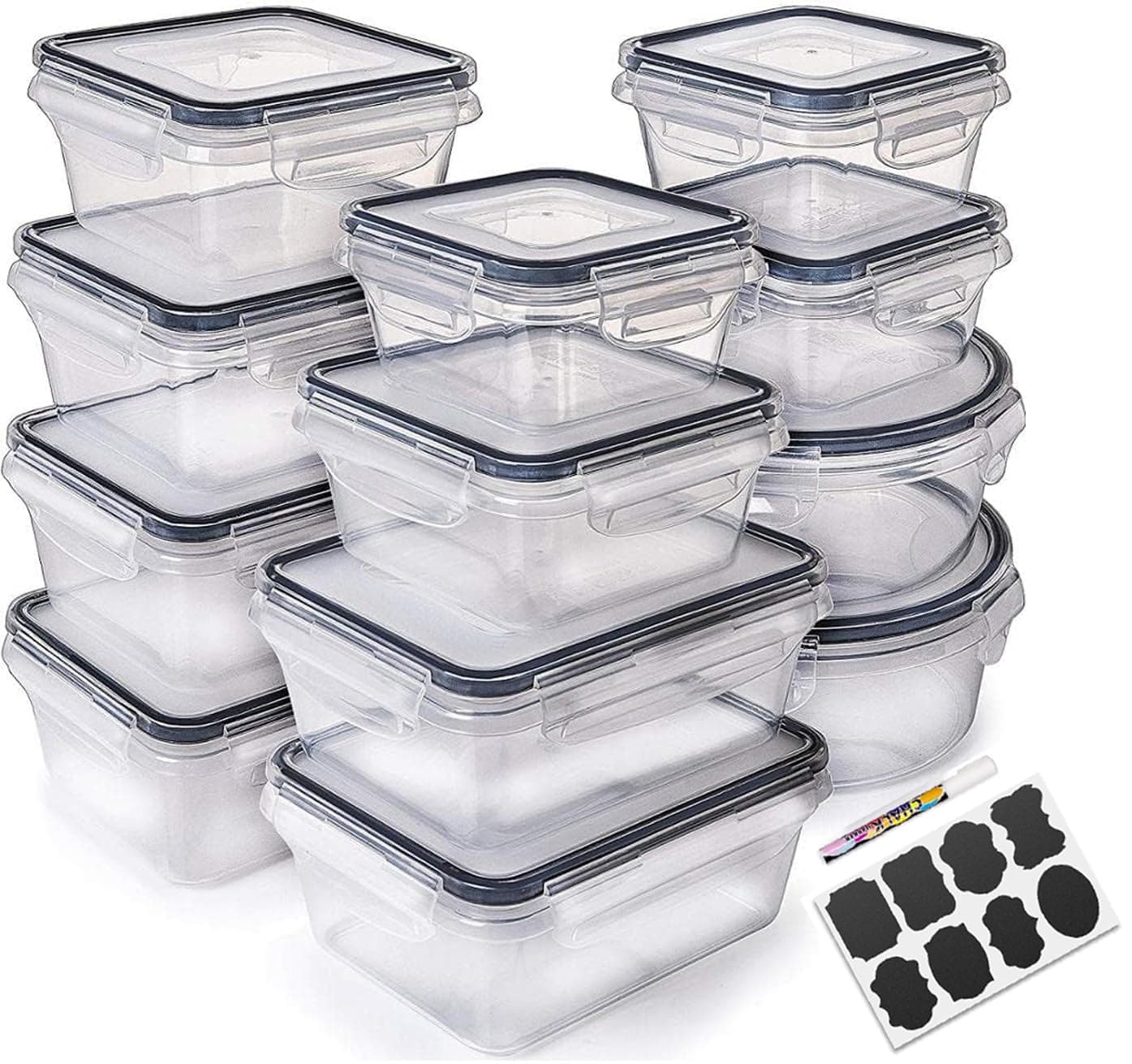 Airtight Meal Prep Container Set with Locking Lids & Labels, 12pcs Re-usable Plastic Food Storage Containers, Stackable Kitchen Organizer Boxes, BPA Free & Microwave Freezer Dishwasher Safe