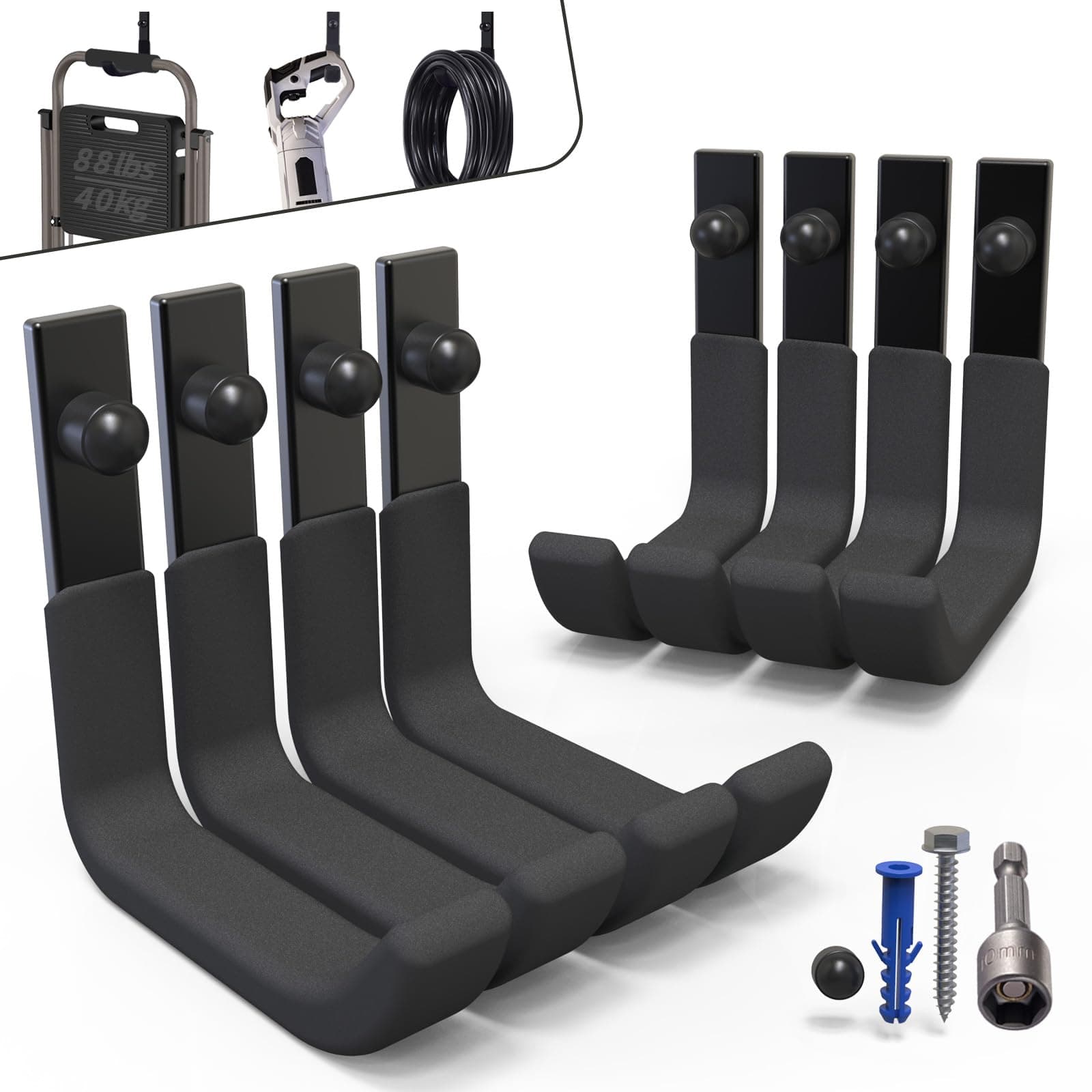 8 Pack Garage Hooks, Heavy Duty Wall Hooks for Hanging Garden Tool Ladder Holder, Steel J Utility Storage Organiser (40kg, 10 cm/4 Inch)