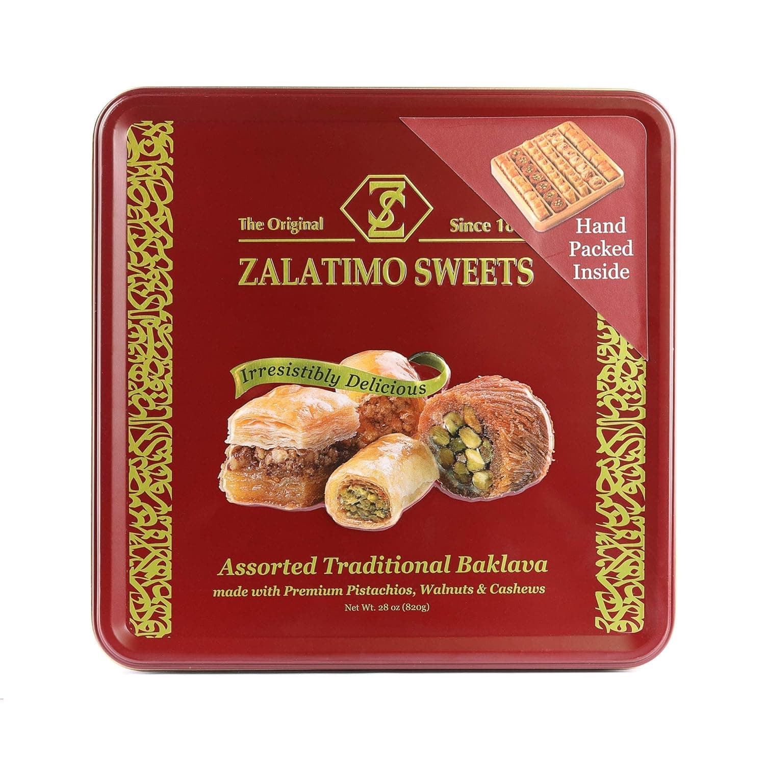 Middle Eastern Assorted Baklava 1.8lb - Handmade Mediterranean Sweets square Metal Gift Tin - No Syrup,or Additives - Ramadan, Christmas, Birthdays, Weddings, Holidays