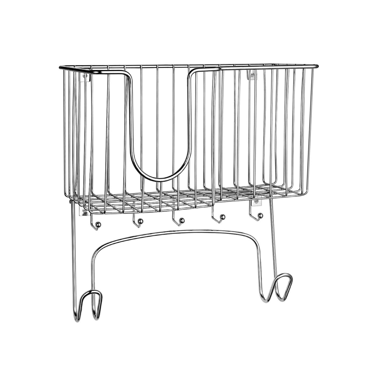 Iron Board Holder Wall Mounted Iron Board Hanger with Large Storage Basket & 5 Hanging Hooks for Laundry Rooms-Iron, Board, Spray Bottles Rack- Chrome