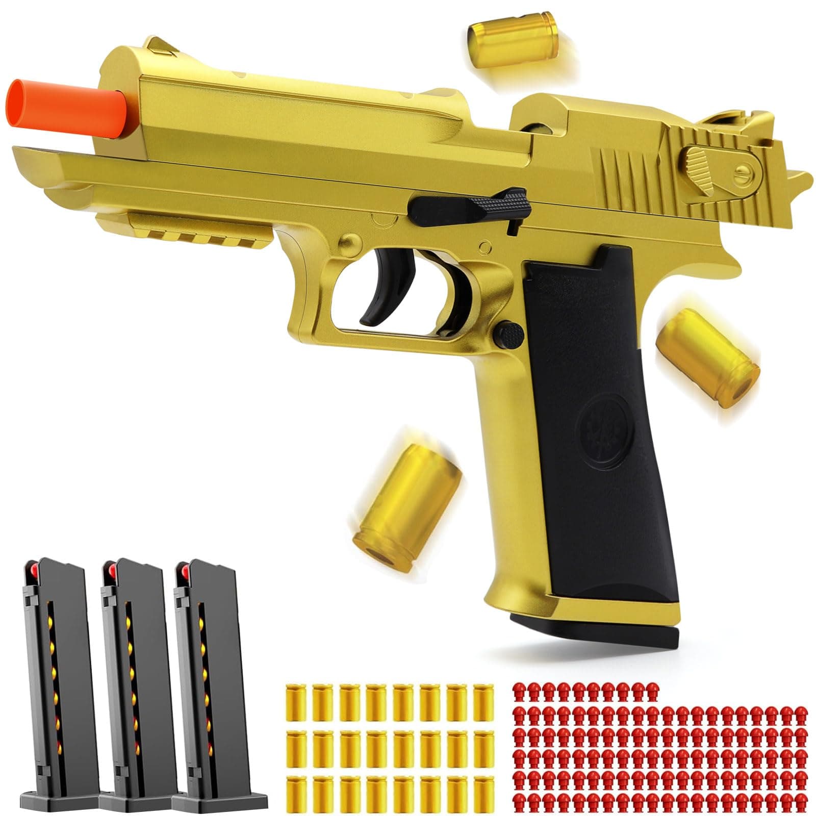 Automatic Shell Ejecting Toy Gun with Soft Bullets, Gold Fidget Gun Toy Pistol with 110 Bullets & 24 Shells, Educational Outdoor Shooting Game Toys, Gifts for Birthday Halloween Christmas