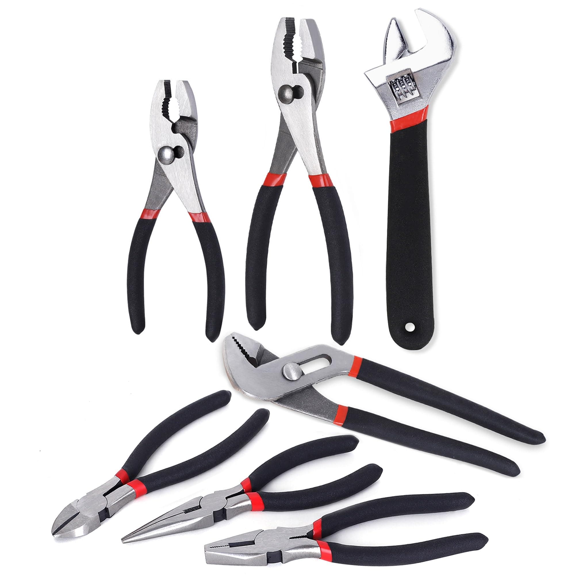 7-Piece Utility Pliers and Wrench Set, Includes 8" Adjustable Wrench, 8" Groove Joint, 8" & 6" Slip Joint, 6" Long Nose, 6" Diagonal and 6" Linesman Pliers, Dipped Handle
