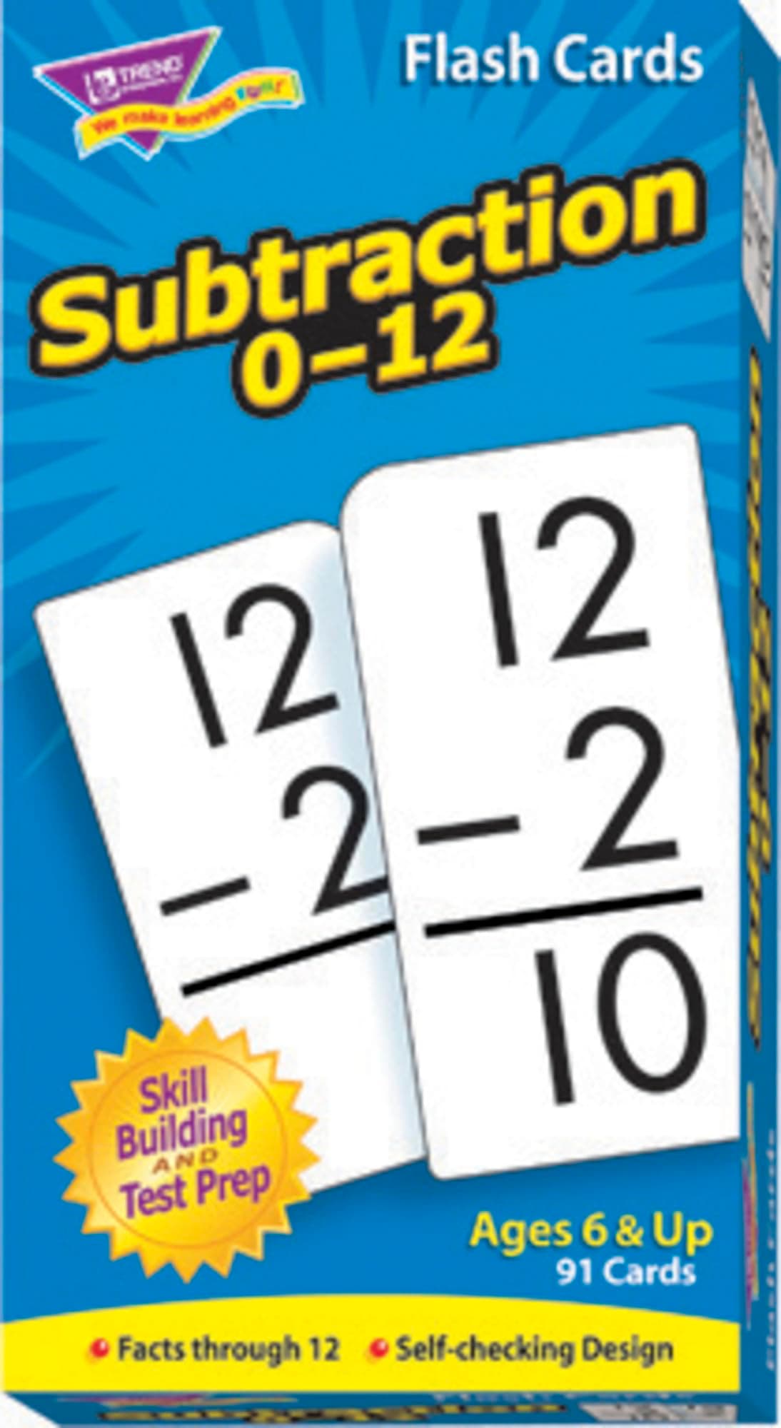 Subtraction 0-12 Skill Drill Flash Cards, Great for Skill Building and Test Prep, Self-Checking Design, 91 Cards Included, for Ages 6 and Up