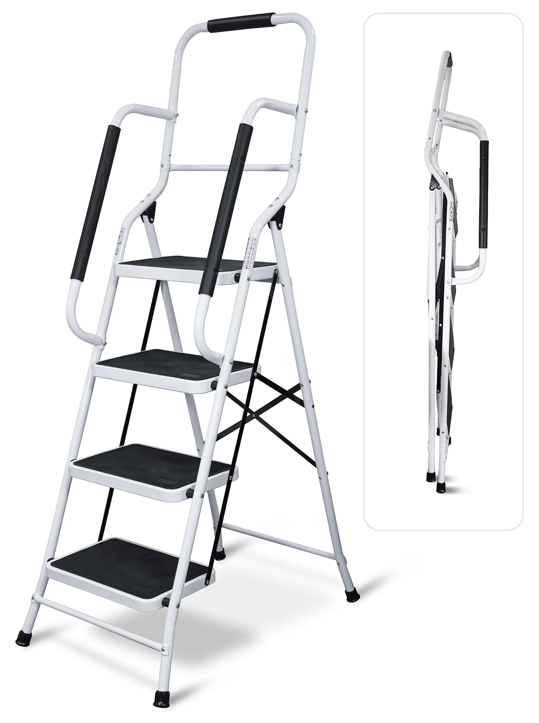 Aidapt 4 Stepladder with Dual Handrails, Folding, Space Saver, Extra Wide Rubber Treads, Non-Slip Rubber Feet, Durable Steel, for Home DIY, Gardening, Workplace, Kitchen Step Stool,