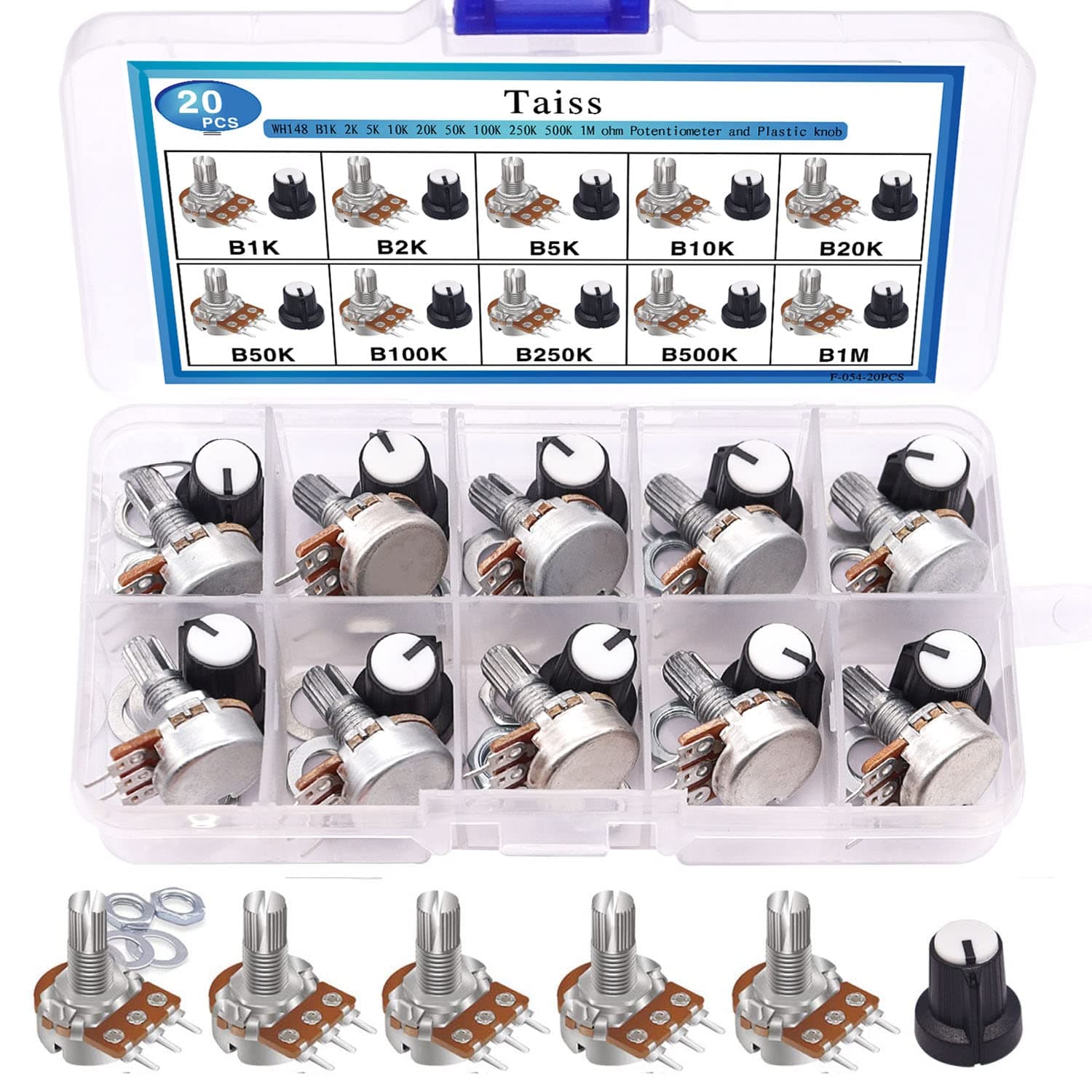 Taiss 40PCS Potentiometer Kit with Rotary knobs,WH148 B1K 2K 5K 10K 20K 50K 100K 250K 500K 1M Ohm potentiometers Assortment Single Linear Taper Rotary Audio B Type and Nuts,Washers