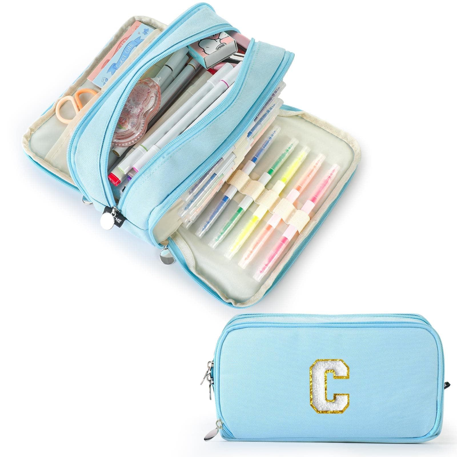 Extra Large Capacity Pencil Case 3 Compartment Initial Pencil Pouch Personalized Cute Aesthetic Stationery Pen Case Bag for School Teen Girl Boy Men Women Gift (C, Blue)