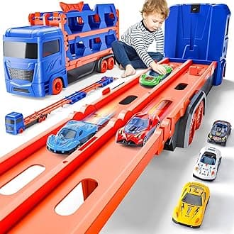 Race Track Truck Toys for 2-4 Year Old Boys Birthday Gifts: 65 Inch Folded Transport Carrier Trucks for Kids Age 3-5, Racing Cars Christmas Toy Gifts for Toddlers