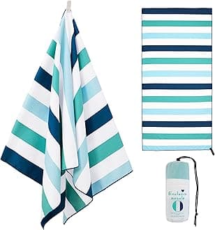 Large Microfiber Quick Dry Beach Towel, Lightweight Sand-Free Cabana Stripe Pool Travel Camping Towel with Bag (Green, 30x60 Inches)