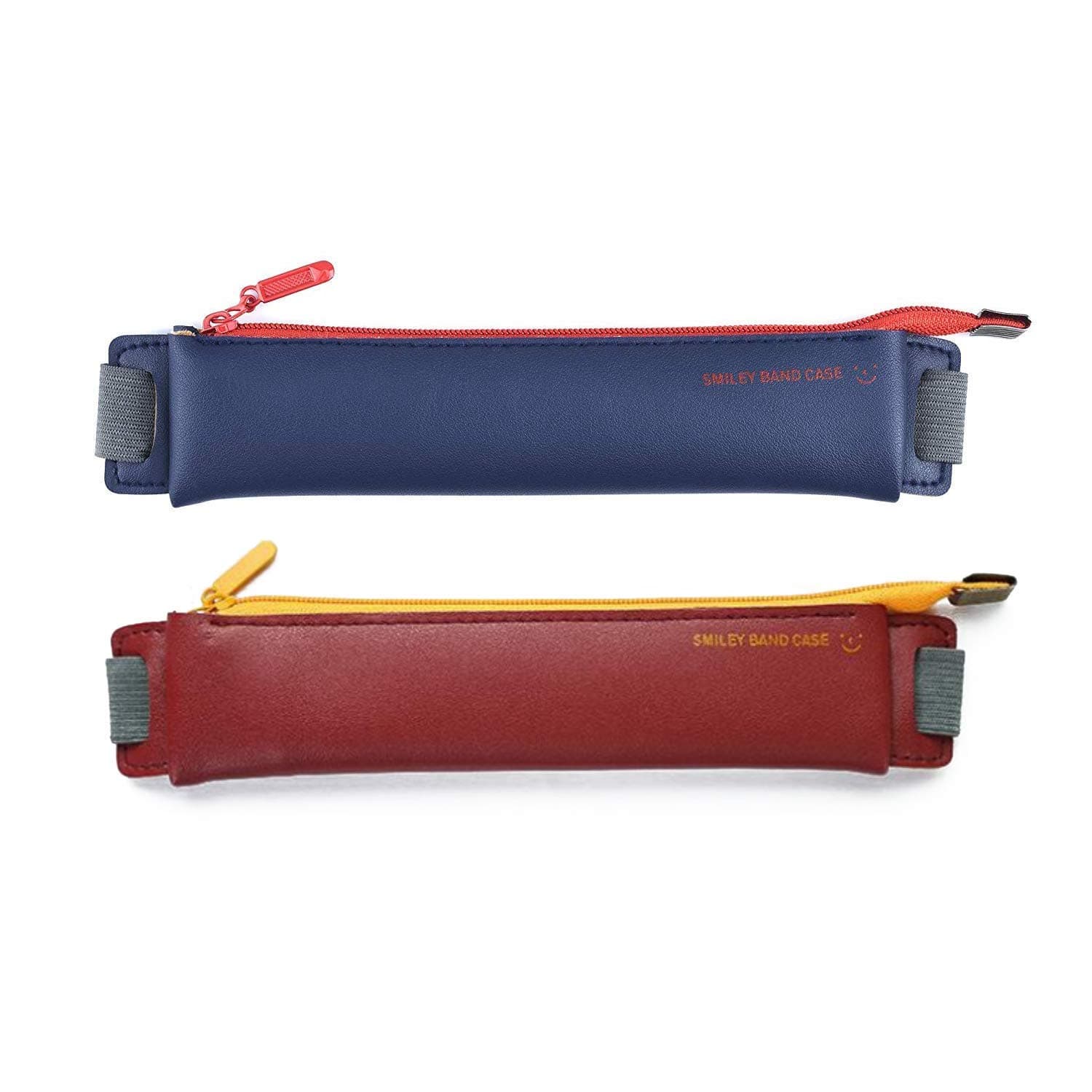 LuFOX 2-Pack PU Leather Pen Pencil Pocket Case Sleeve Holder Pouch with Elastic Band for Book Notebook Bible (Dark Blue+burgundy)