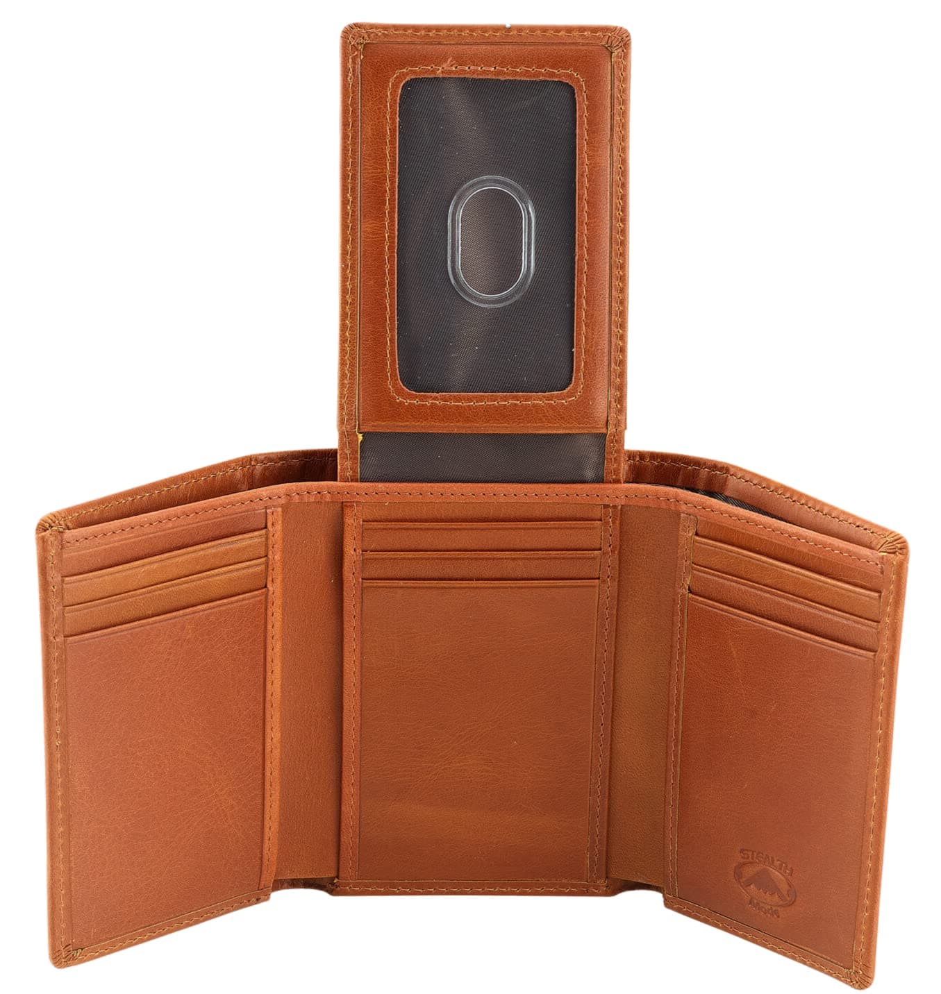 Stealth Mode Trifold Wallet - RFID Blocking Wallet with Flip ID Holder - Leather Case for Money, Credit Cards - Mens Organizer, Divided Billfold, Identity Protection - Men's Gifts (Light Brown)