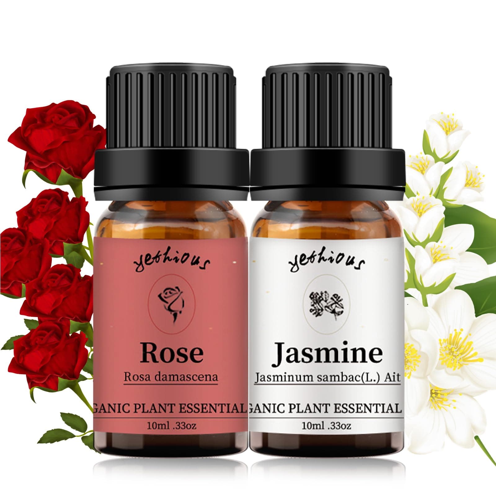 Yethious 2 Pack Rose Jasmine Essential Oil Set 100% Organic Pure Therapeutic Grade Aromatherapy Gift Oil- 2X 10ml 0.33oz