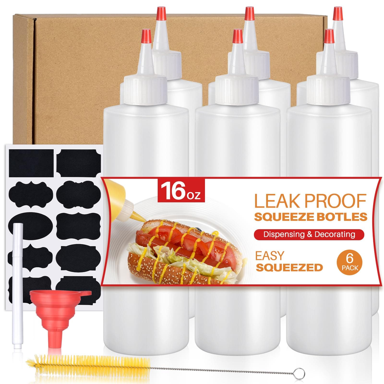 Sopito Squeeze Bottles, 16oz Plastic Condiment Squeeze Bottles with Labels & Funnels & Brusher for Liquids Sauces Ketchup Oil, 6 Pack