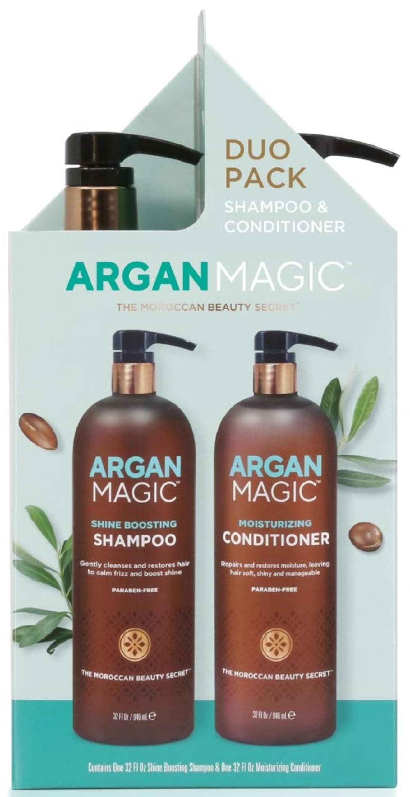 Argan Magic Shine Boosting Shampoo & Moisturizing Conditioner Duo - Gently Cleanses, Boosts Shine, Controls Frizz, Restores Moisture, Detangles | Paraben Free, (32 oz)