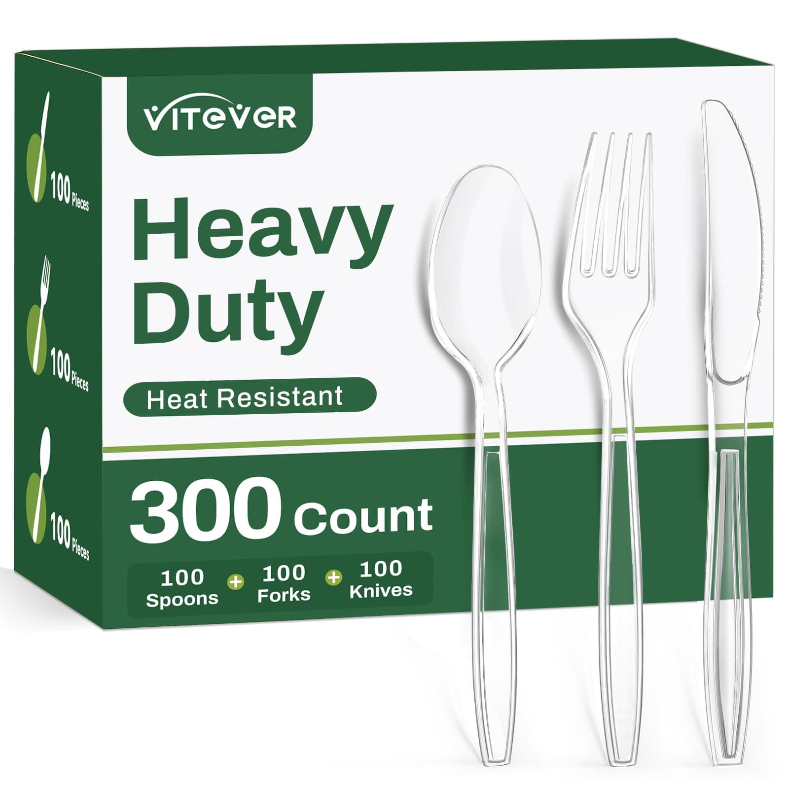 - 300 Count Heavy Duty Clear Plastic Silverware, Disposable Plastic Utensils Set, 100 Forks, 100 Spoons, 100 Knives, BPA-Free Heat Resistant Durable Plastic Cutlery Set for Party