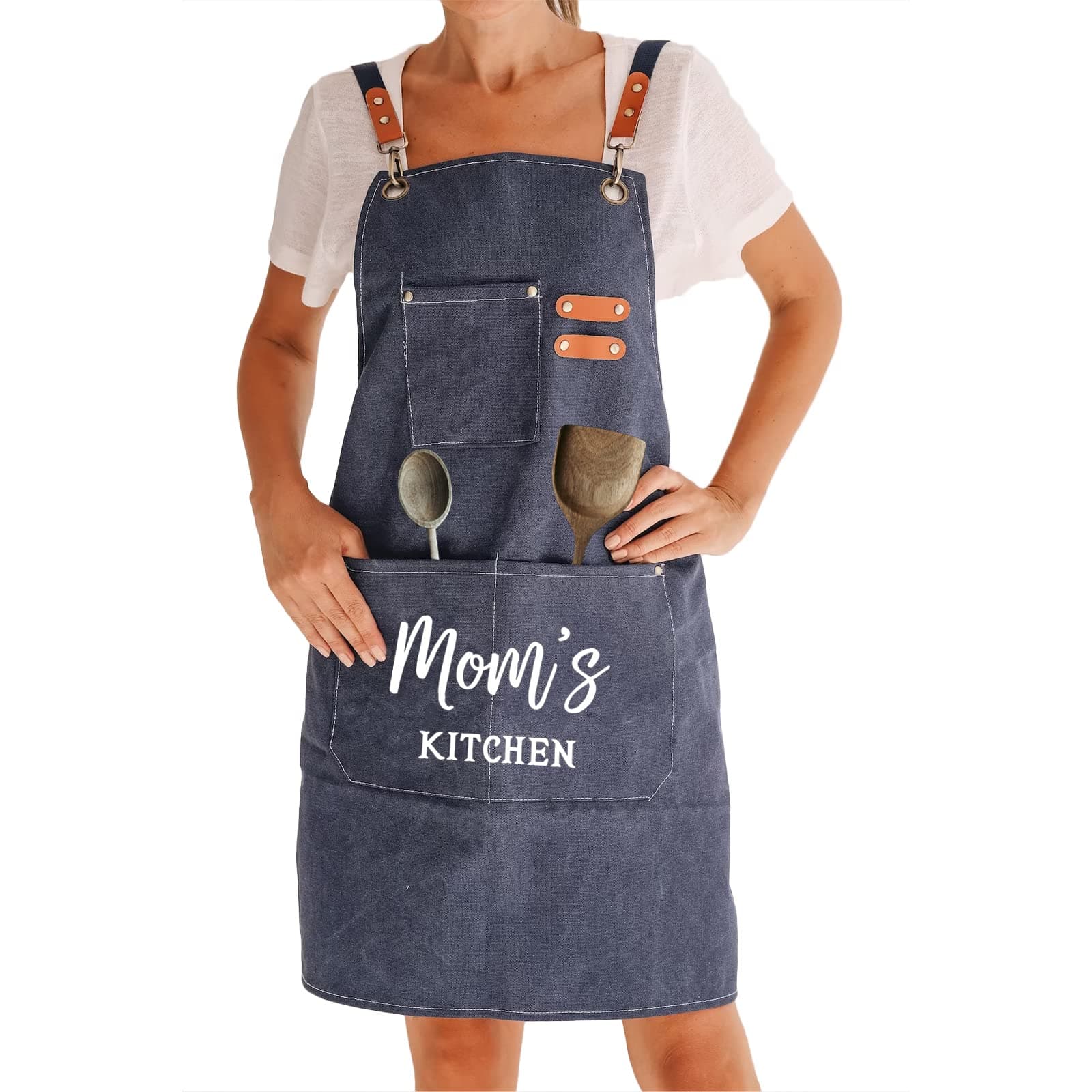 Xpanrous Personalized Canvas Apron for Women, Large Pockets, Adjustable, Customized Funny Mom Aprons for BBQ Cook Lover, Print Name/Text, Handcrafted Gift for Mother's Day, Nana, Grandma, Girl Friend