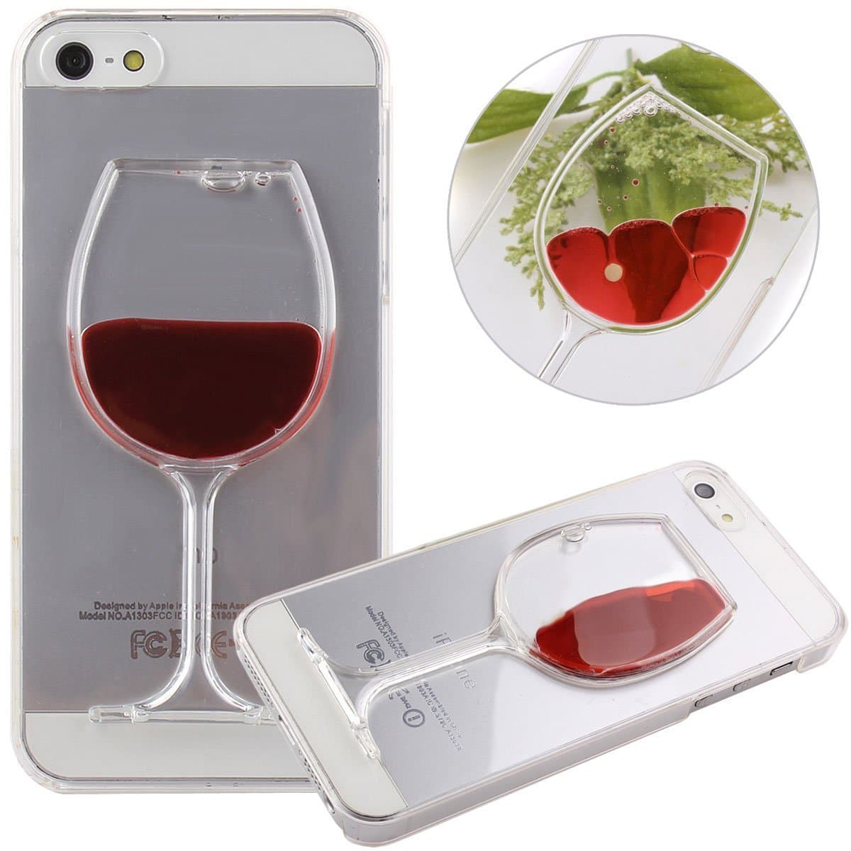 HKA Transparent Hard Plastic Cover Case for iPhone 5 5S, 3D Creative Design Luxury Flowing Liquid Floating Bling Glitter Red Wine Glass Red Lip High Heels Clear Back Hard Protective Case Cover for Apple iPhone 5 5S (Red Wine Glass)