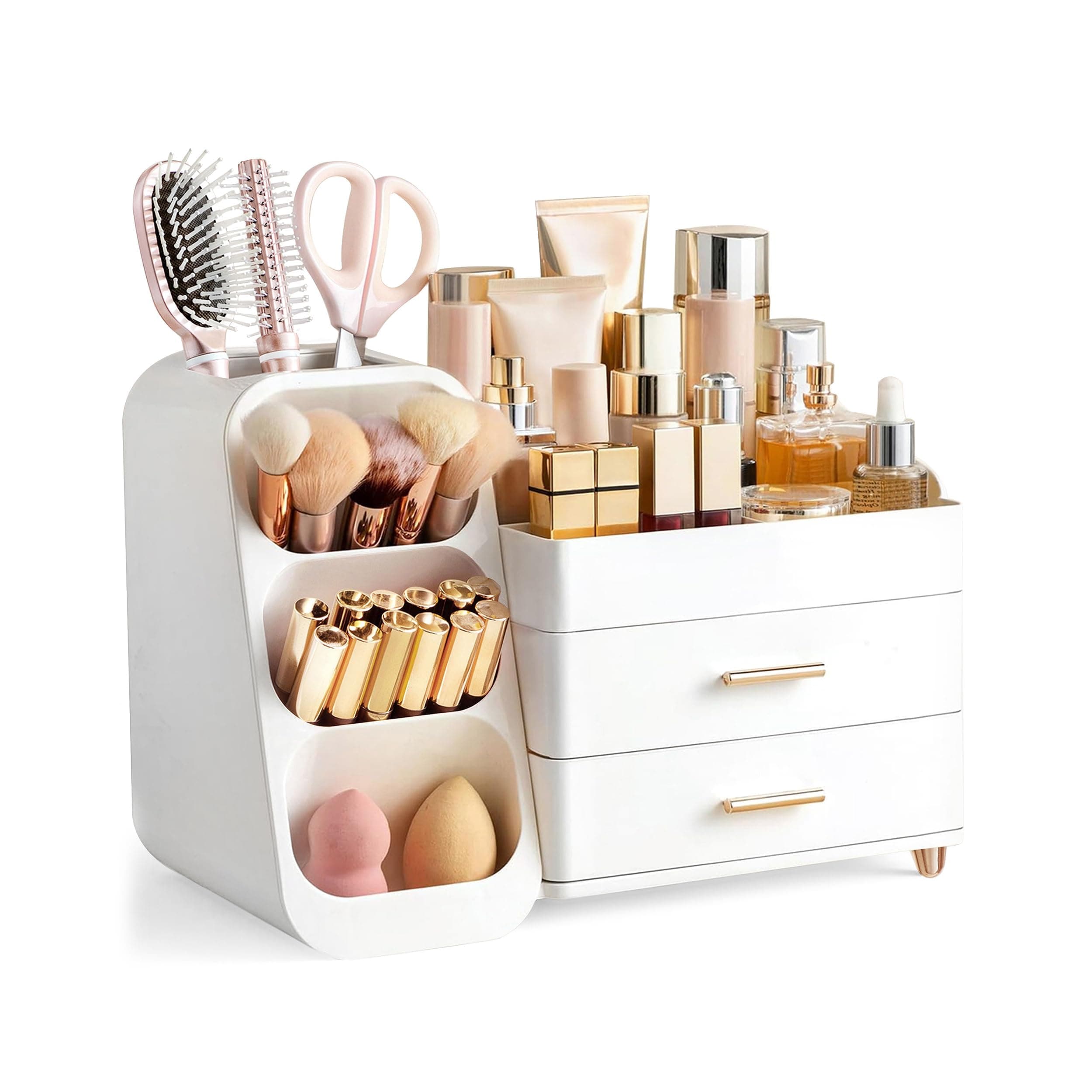HBlife Makeup Organizer with Brush Holder for Vanity, Large Plastic Bathroom Countertop Organizer Skin Care Storage, Easy to Store Lipsticks, Nail Polishes, Perfumes, Eyeshadow Palettes, All White