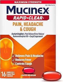 Rapid+Clear Maximum Strength Cold & Cough Medicine, Fever, Pain, Headache, & Cough Relief with Acetaminophen & Dextromethorphan, Rapid Release Liquid Gels for Adults, 16 Count
