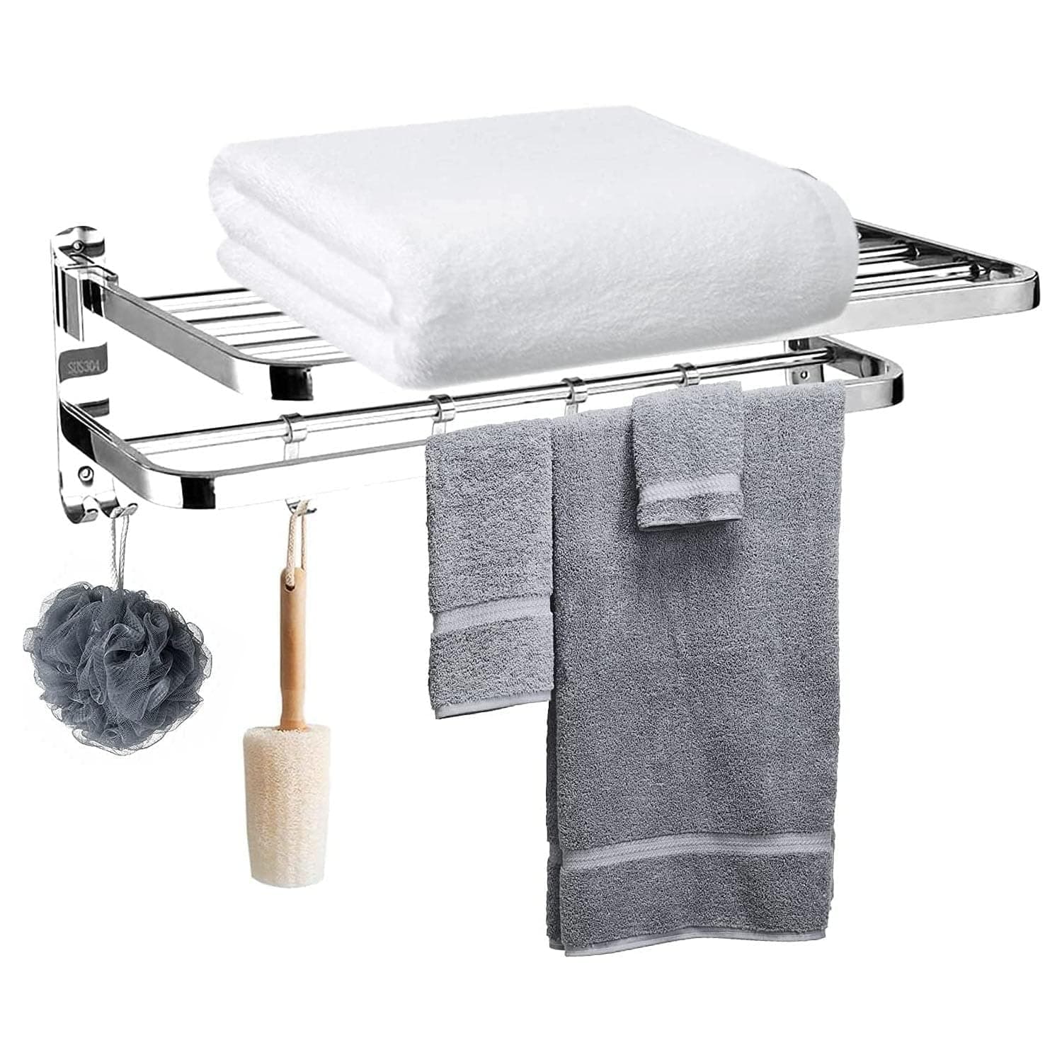 Bathroom Towel Rack Wall, Folding Towel Bars Wall Mount Holder, Towel Shelf with Two-Tier Architecture, 5 Removable Hooks and Adjustable Towel Bar, Stainless Steel Towel Rack for Bathroom