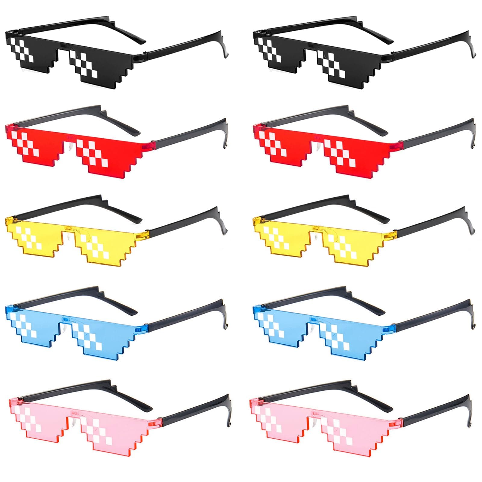 10 Pack Thug Life Party Sunglasses 8 Bit Pixelated Multicolor Mosaic Gamer MLG Photo Props Glasses for Adults Teens