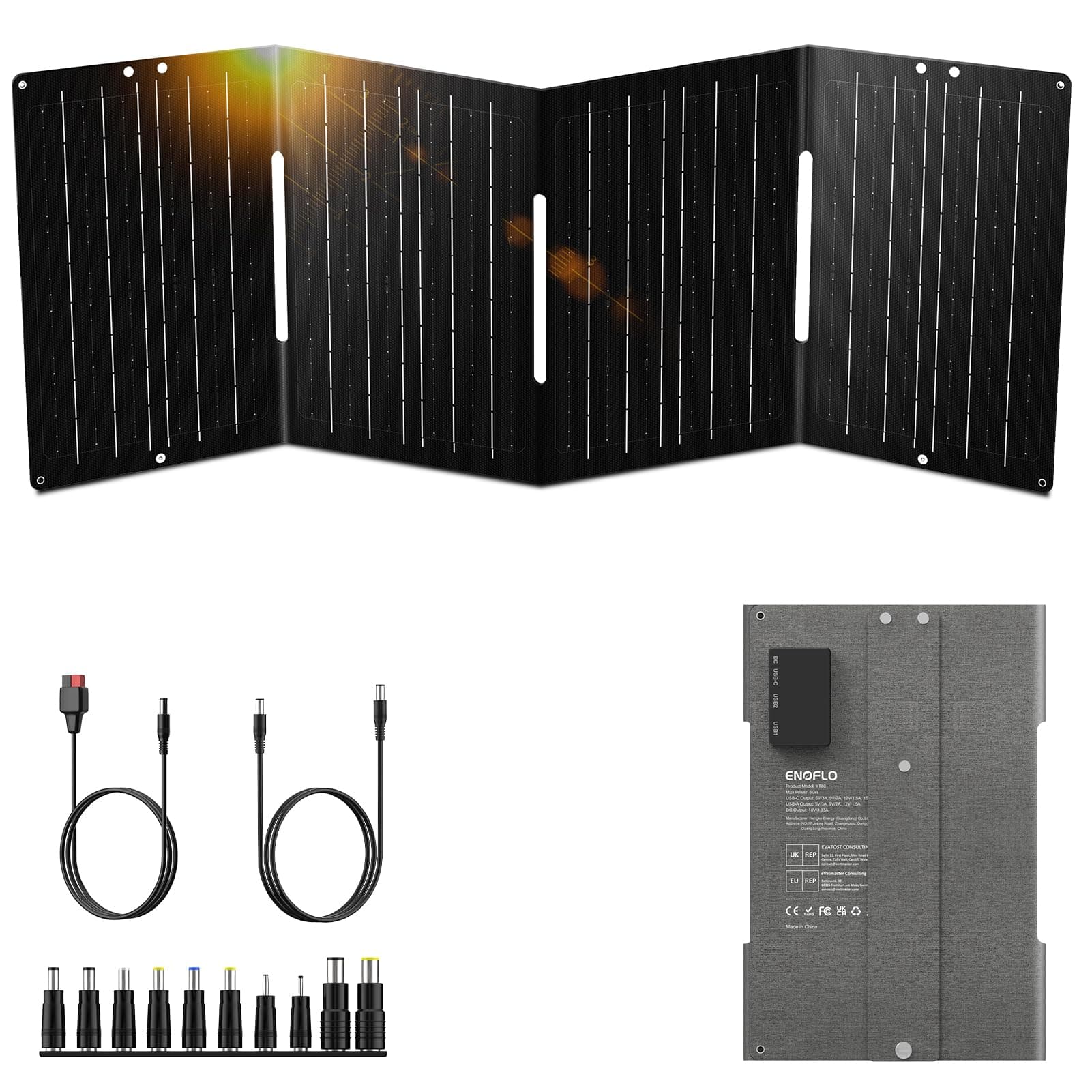 60W YT60 Solar Panel Charger Solar Battery High Efficiency Camping Waterproof IP68 Solar Panel with USB and DC Outputs for Portable Power Station,Power Bank, Phone, Laptop
