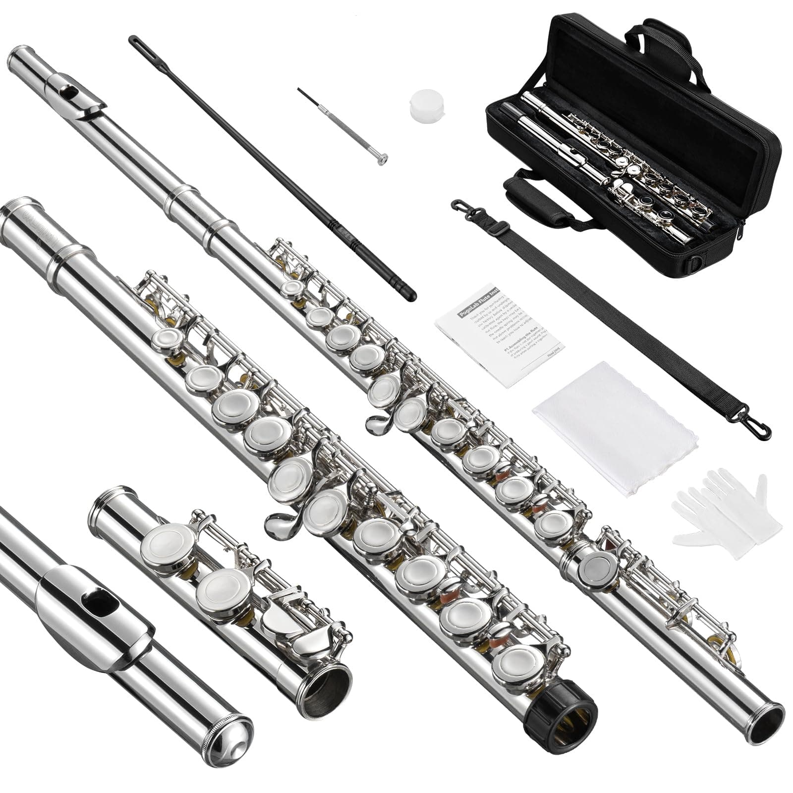 POGOLAB Closed-Hole Flute with 16 Keys, C Flute with Offset-G, Nickel Concert Student Flute Instrument with Flute Case/Flute Cleaning Kit/Probe Rod/Gloves/Grease, for School Band Practice