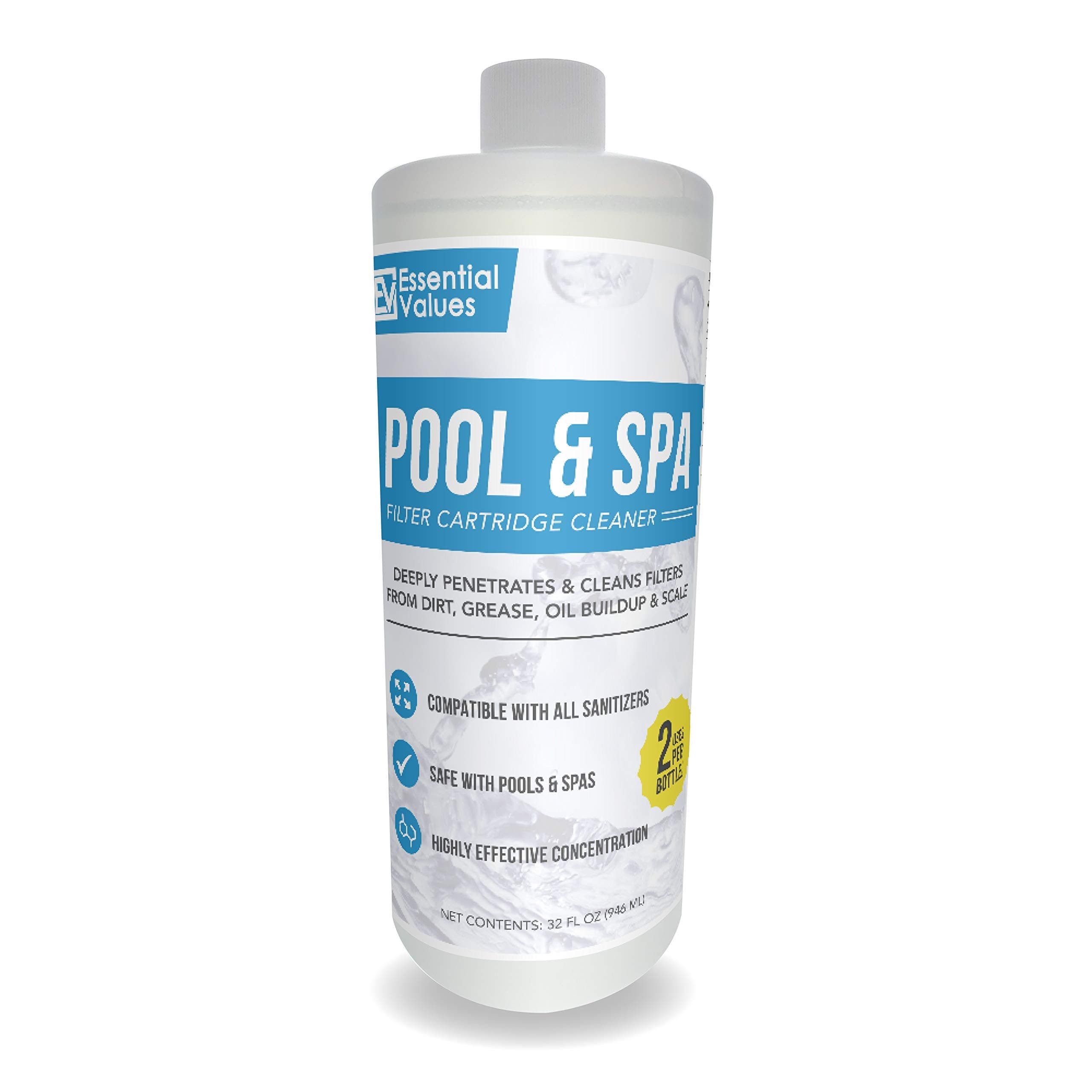 Essential Values Pool & Spa Filter Cartridge Cleaner (32oz / 1 Quart / 2 Uses), Cleaning Solution for Pool Filters & Spa Filters