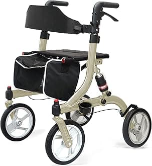 Winlove Rollator Walkers for Seniors-Folding Rollator with Seat and 10-inch All Terrain Wheels-Medical Rolling Walker Aluminium Frame with Suspension Spring and Thick Seat-Lightweight,Champagne