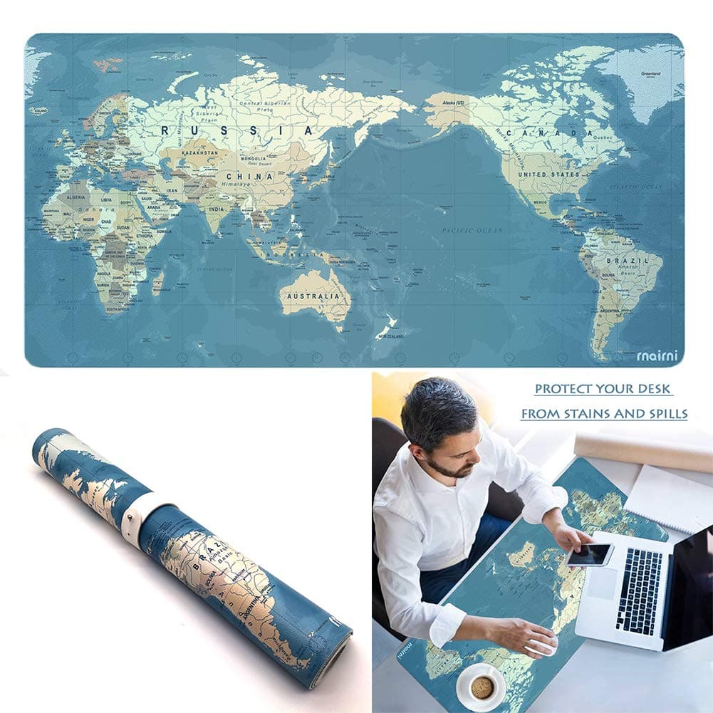 Extended PU Leather Mouse Pad Mat Large Office Gaming Table Desk Mousepad for PC Computer MacBook iMac Keyboard Phone Waterproof Washable Anti-Slip Ultra Thin 2mm - 31.4'' x 15.7'' (World Map)