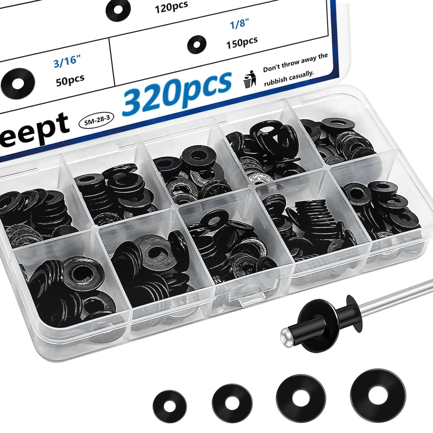 320PCS Black Pop Rivet washers Assortment kit for Black Pop Rivets Diameter 1/8",5/32",3/16" 304 Stainless Steel pop Rivet Washer Aluminum pop Rivet washers Blind Rivet Washer