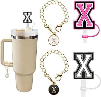 （2+2）2PCS Straw Cover for Stanley Cup 30&40 Oz 10mm Straw Topper with 2PCS Stanley Cup Accessories Letter Charms Name ID Initial Letter Handle Personalized Charm For Stanley Tumbler (Letter X)