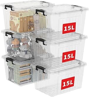 Cetomo 15L*6 Storage Boxes with Lids, Plastic Storage Box with Secure Side Latches, PP Nestable and Stackable Clear Organizer for Home, Office, Moving, Transparent, 15L-6 Pack