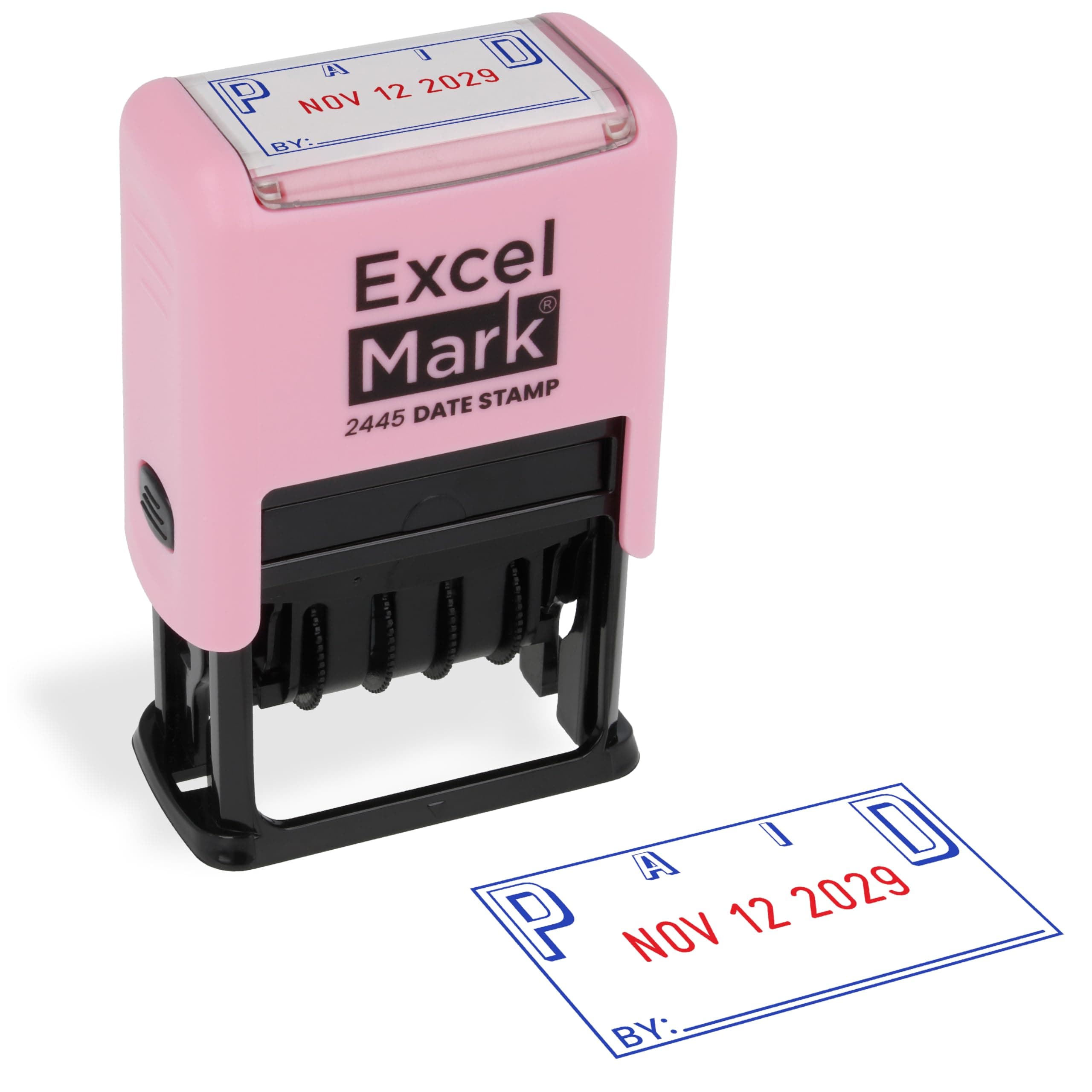 ExcelMark 2445 Date Stamp with Text - Blue and Red Ink (Pink Mount, Paid)