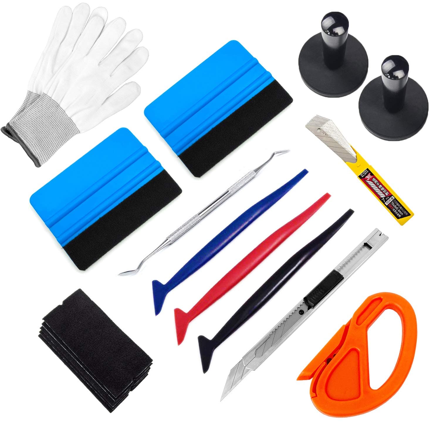 Complete Vinyl Wrap Application Tools Kit Auto Window Tint Film Tool Kit Include Felt Squeegee, Fabric Felts, Micro Squeegee, Vinyl Magnet Holders, Working Gloves, Vinyl Knife, Utility Knife Blades