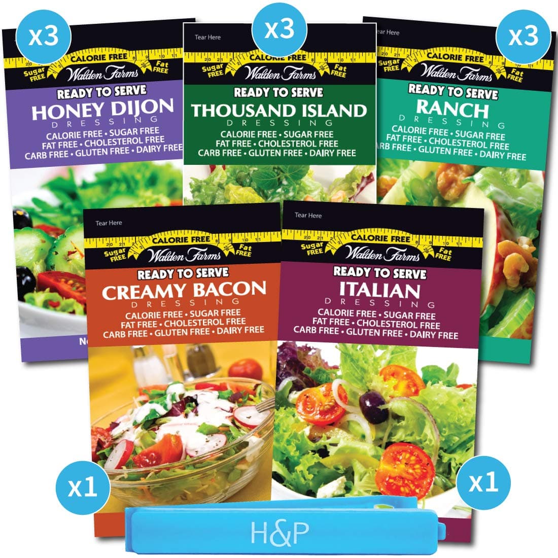 Walden Farms Salad Dressing Packets - 11 Sampler Pack in Ready to Serve Calorie Free Flavors, 11 - 1 oz Pouches in Honey Dijon, Thousand Island, Ranch, Italian and Creamy Bacon