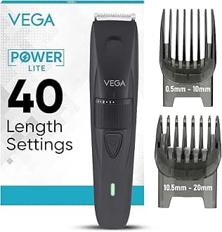 Vega Trimmer Men Beard with 90 Mins Runtime, Stainless Steel Blades & 40 Length Settings, 2 Comb Attachment, Trimmers for Man, USB Type C, Charging Indicator, Travel Lock, Black, (Power Lite, VHTH-38)