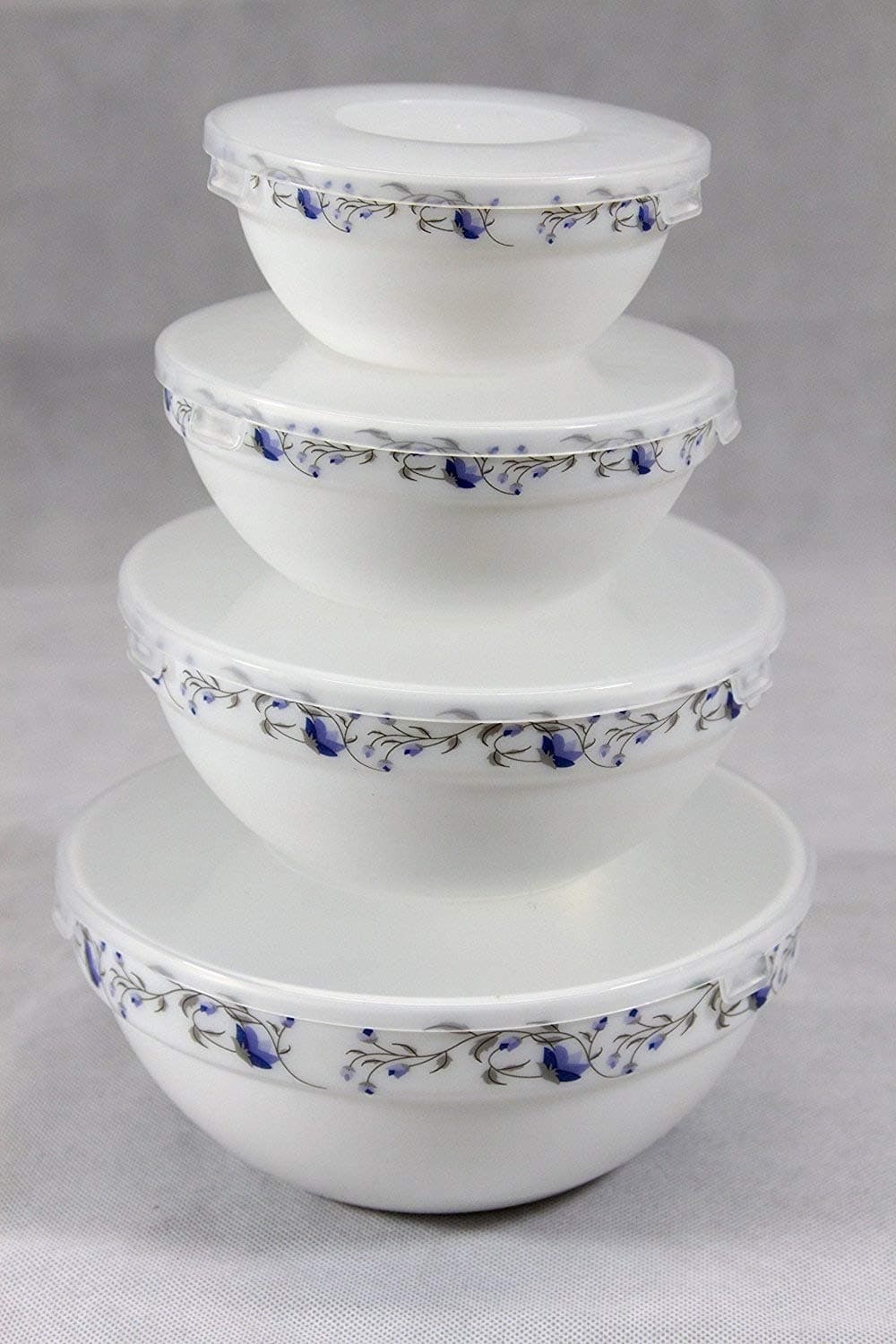 Occasion Set of 4 Round Glass(Opal Glassware) Stack-able Bowls with Lids - Microwave Safe - Heat Resistant - Dishwasher Safe 4.2"/5"/6" & 7" (Blue Flower)