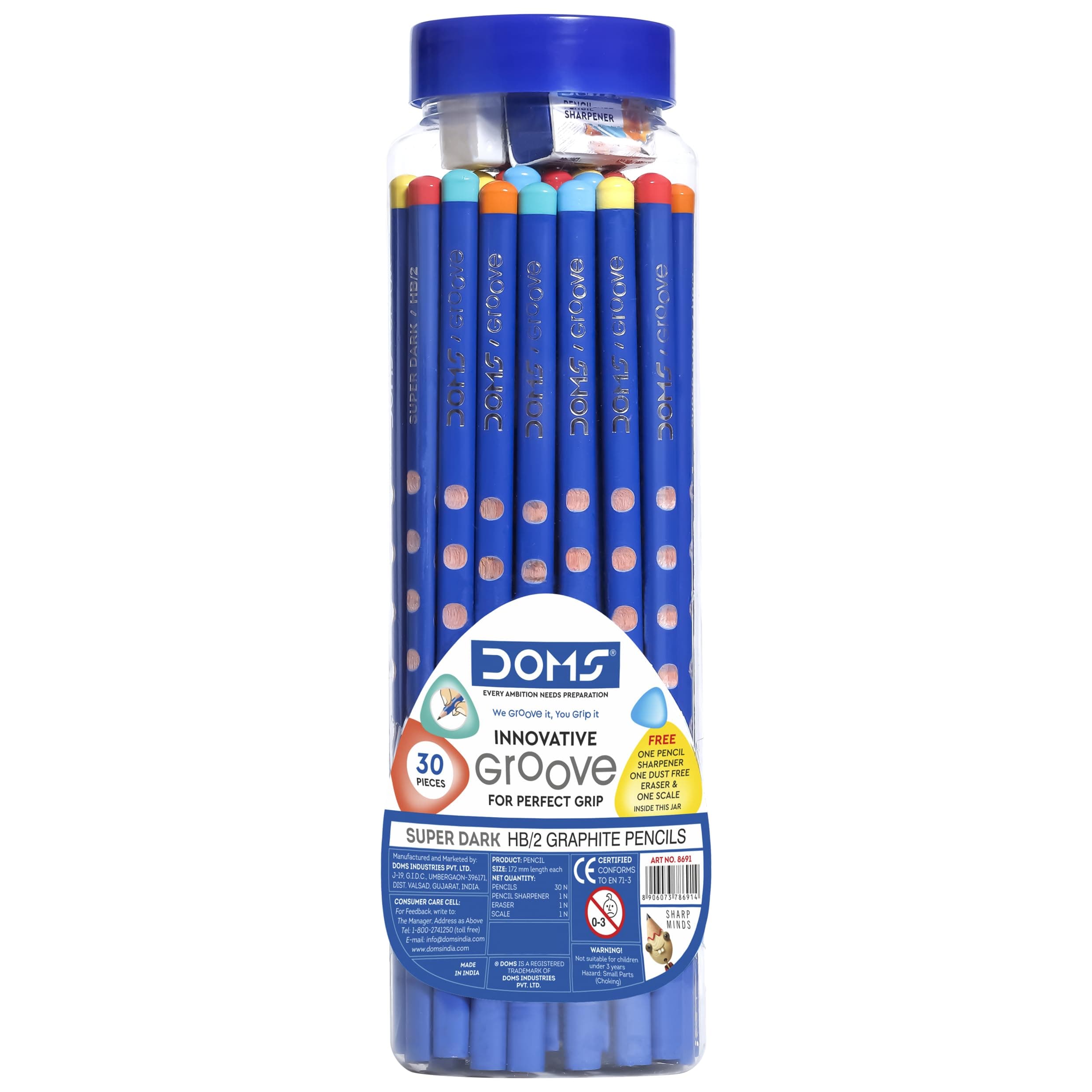 Doms Groove Super Dark HB/2 Graphite Pencils Jar Pack | Innovative Groove For Perfect Grip | Free Pencil, Eraser, Sharpner & Scale | Ideal For Sketching & Drawing | Pack of 30 Pencils