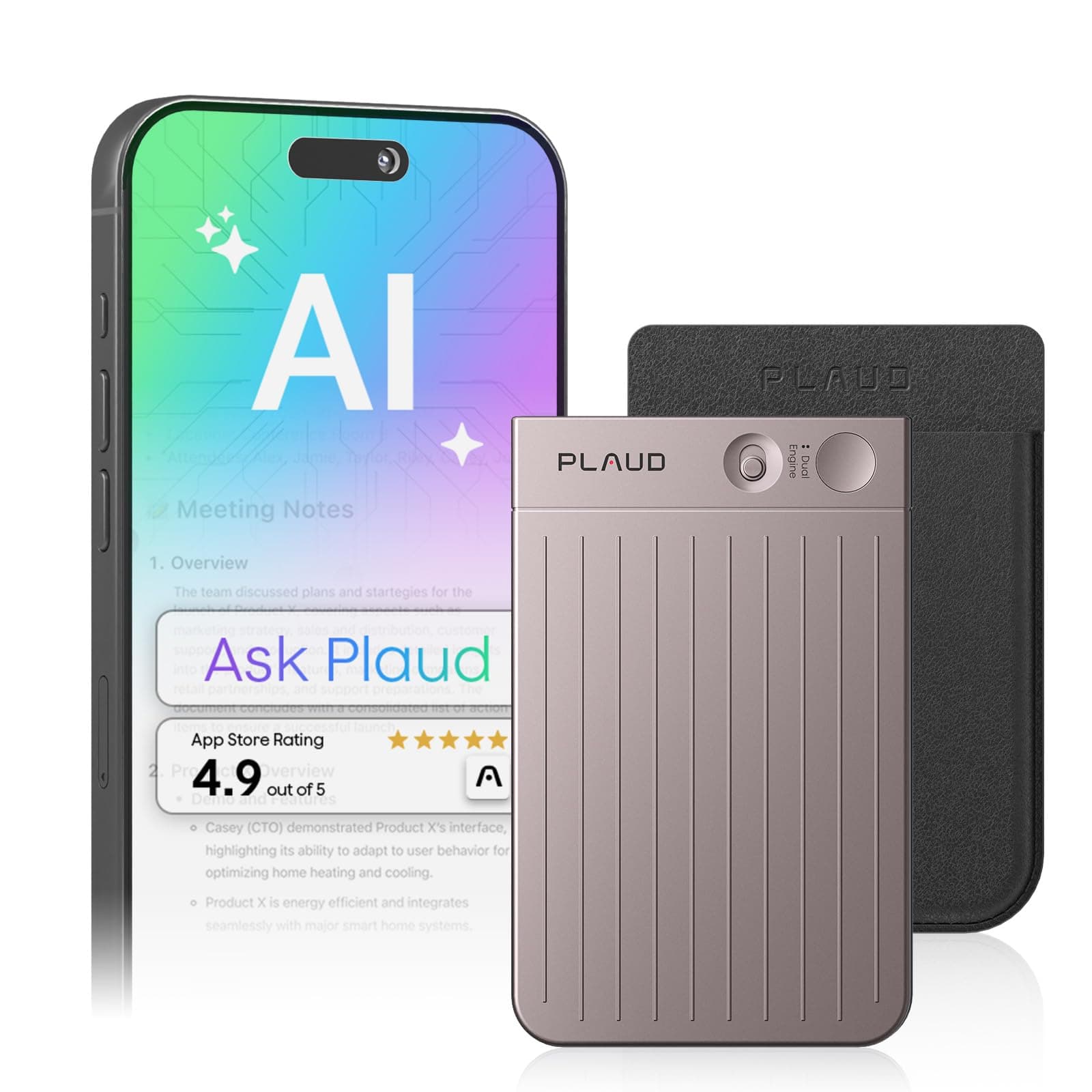 Note AI Voice Recorder, Voice Recorder w/Case, App Control, AI Transcribe & Summarize, Support 112 Languages, 64GB, Audio Recorder for Lectures, Meetings, Calls, Interview, Non-Pro Version