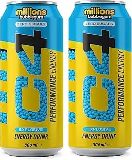 C4 Millions Performance Energy Drink Bubblegum Flavor Zero Sugar, Exclusive 2 Can X 500ml (From United Kingdom)