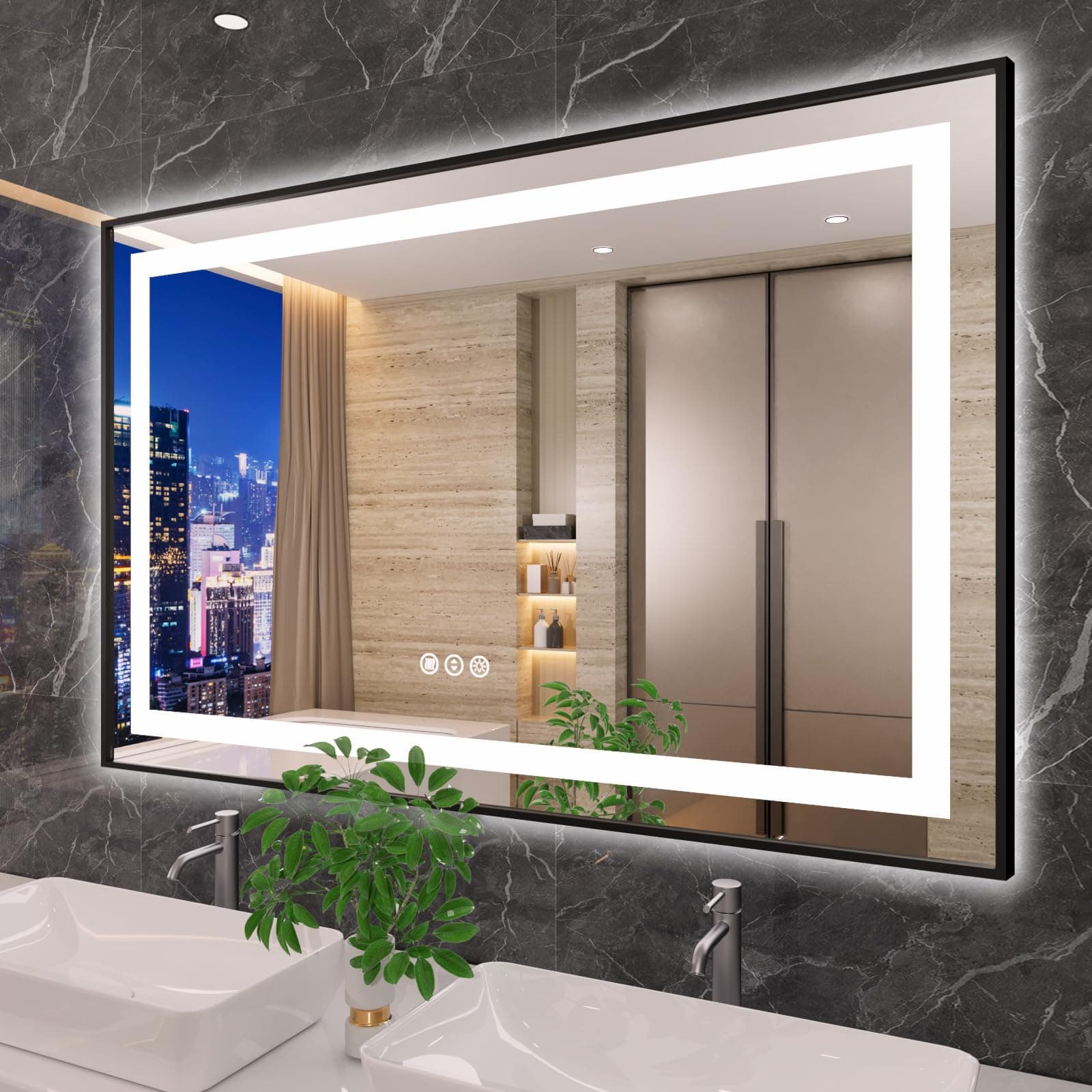 Amorho 55"x 40" LED Bathroom Mirror with Black Frame, Front Light and Backlit, Stepless Dimmable, Anti-Fog, Shatter-Proof, Memory, 3 Colors, Double LED Vanity Mirror
