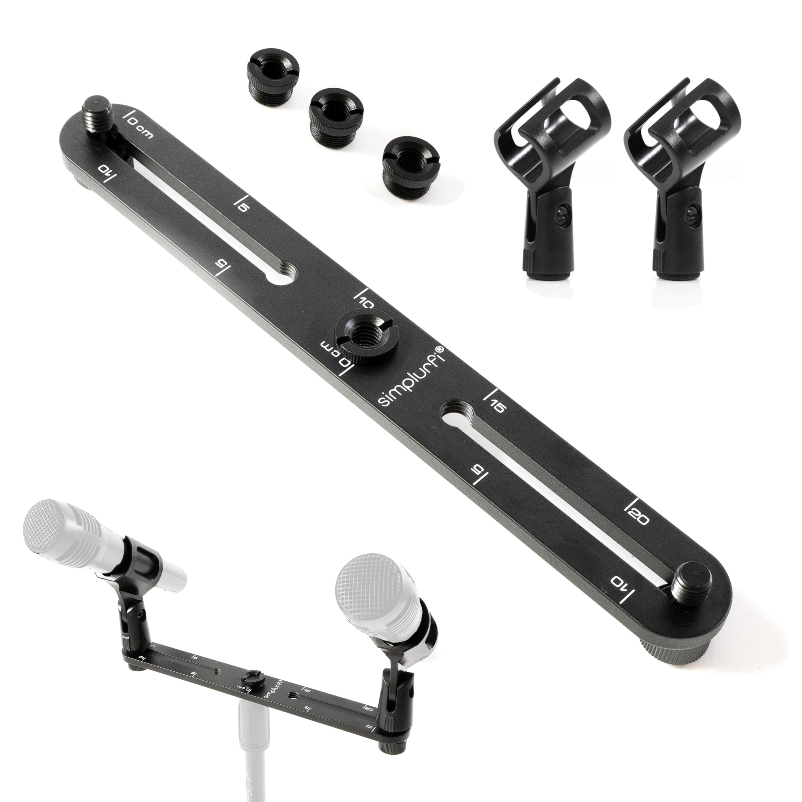 Simplurfi Stereo Array Spacing Microphone Mount with Ruled Markings - Holds 2 Mics - X-Y and ORTF Mic T-Bar Bracket, Fits 3/8" and 5/8" Mic Stands with Included Adapter (MIC-BAR-CLIP-MARK)