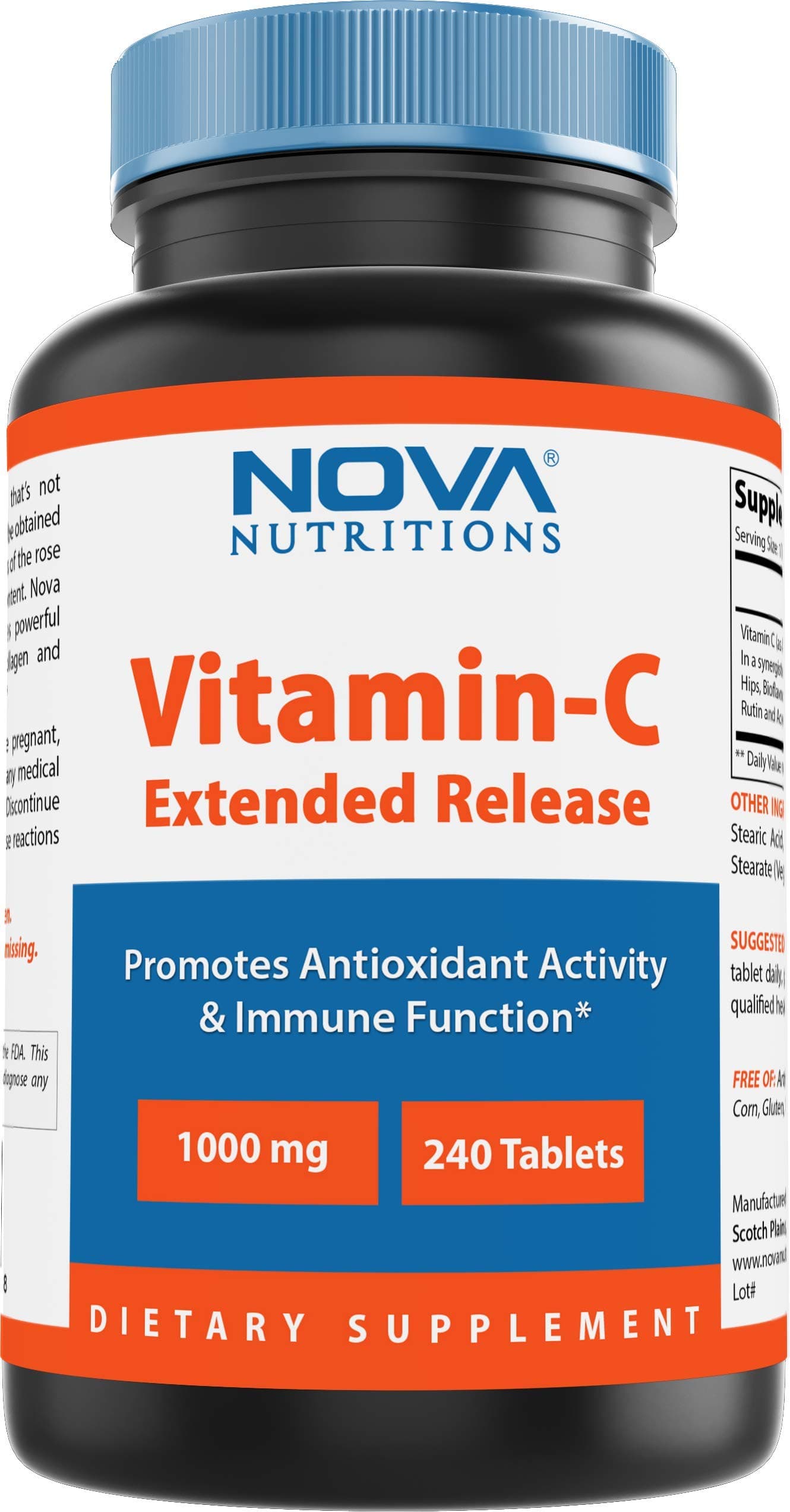 Nova Nutritions Vitamin C 1000 mg 240 Tablets (Extended Release) Made with Rose HIPS, Rutin, Acerola Powder, Bioflavonoids