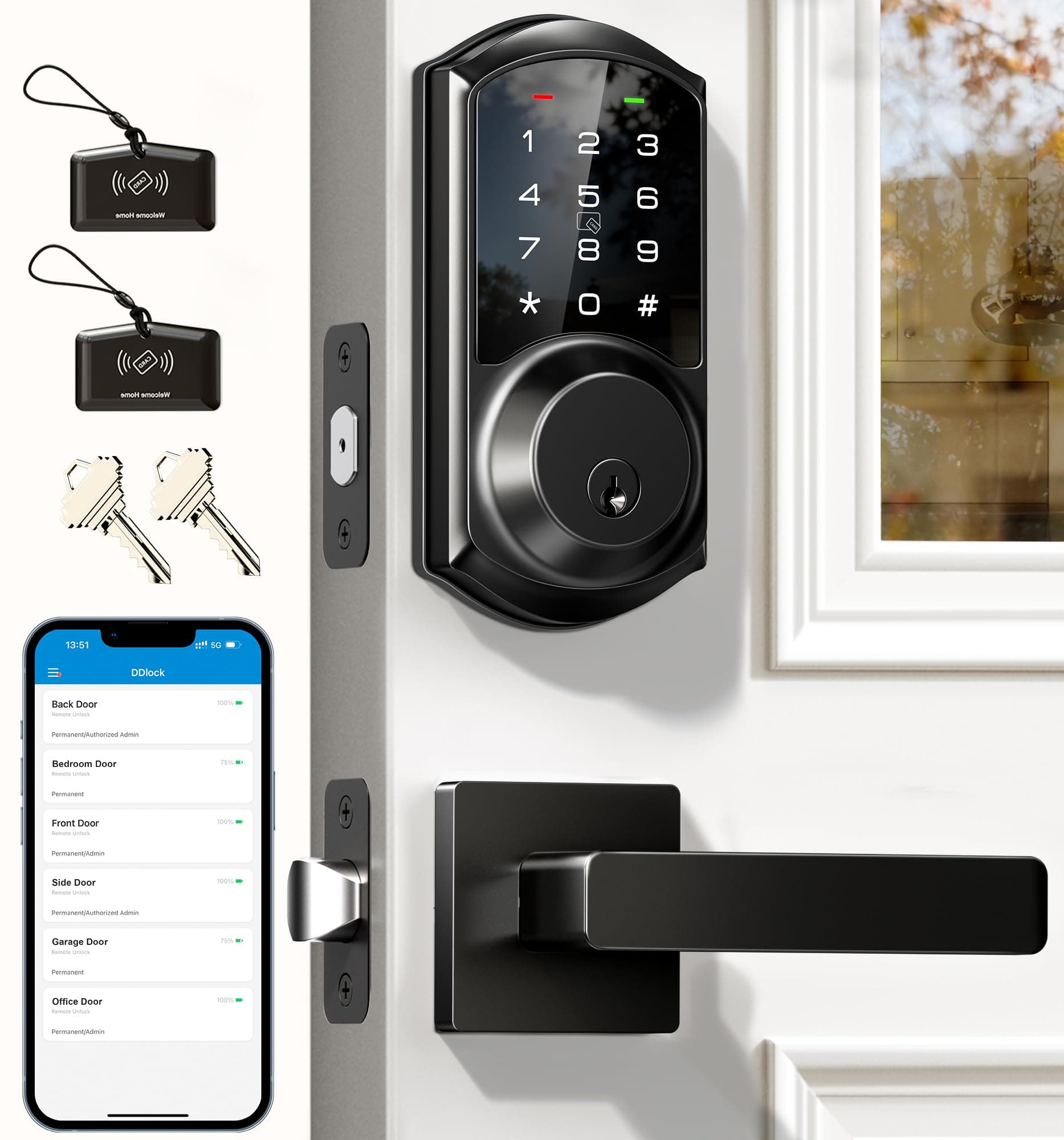 Veise VE06-L Smart Locks with 2 Lever Handle Set, App Control, Keyless Entry Deadbolt for Front Door, Electronic Digital Touchscreen Keypad, Auto Lock, Waterproof, Easy Installation, Matte Black